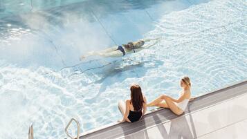 Indoor pool, outdoor pool, sun loungers