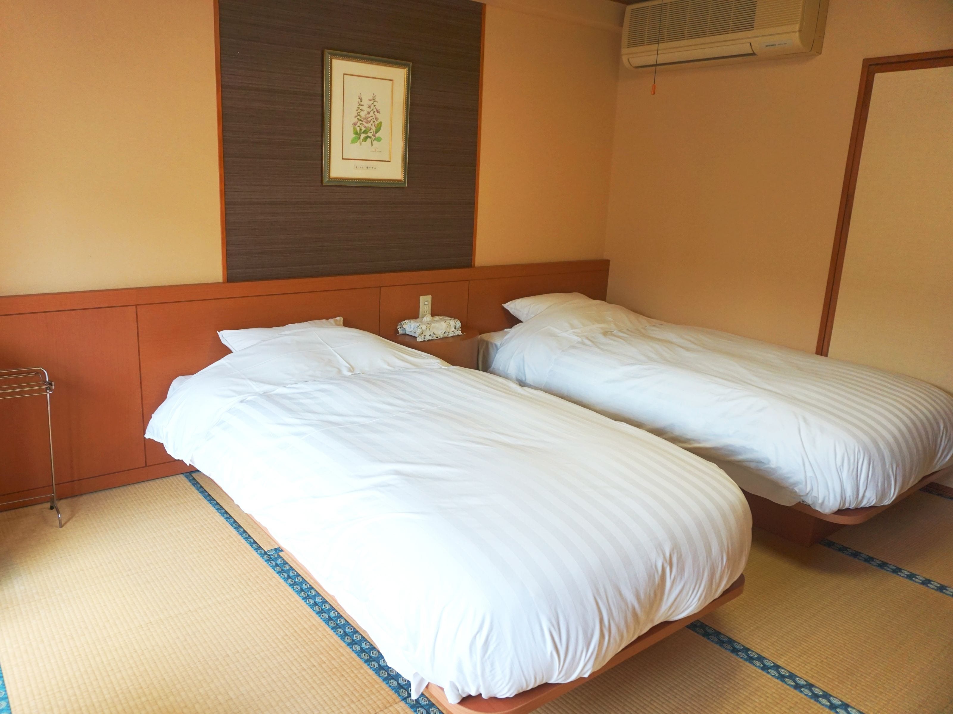 A hotel room with two single beds, a framed botanical print on the wall, a bedside table with a lamp, and a wall-mounted air conditioner.