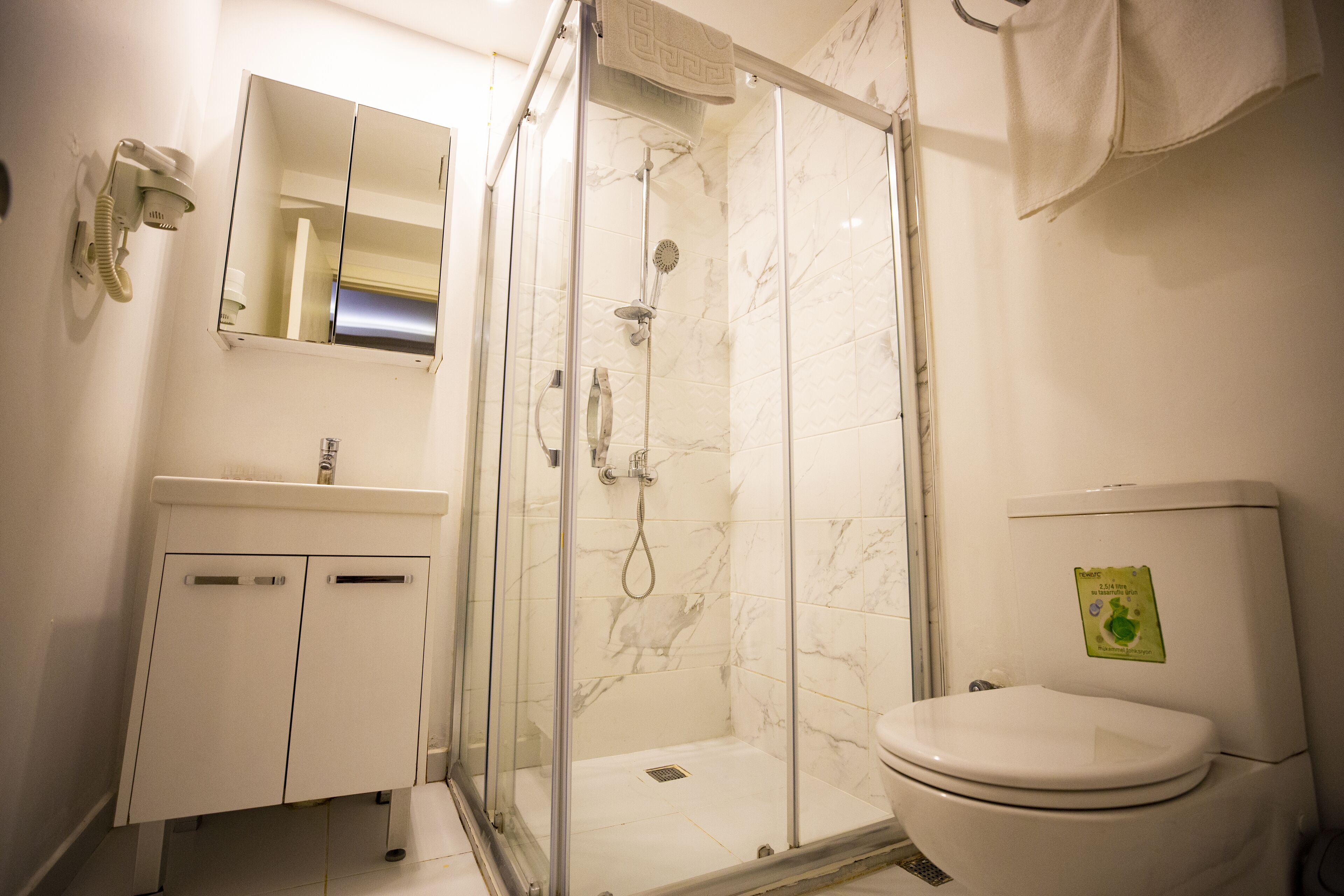 A bathroom with a glass-enclosed shower, a white toilet, and a sink with a mirror above it.