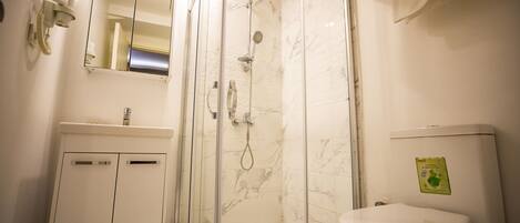 A bathroom with a glass-enclosed shower, a white toilet, and a sink with a mirror above it.