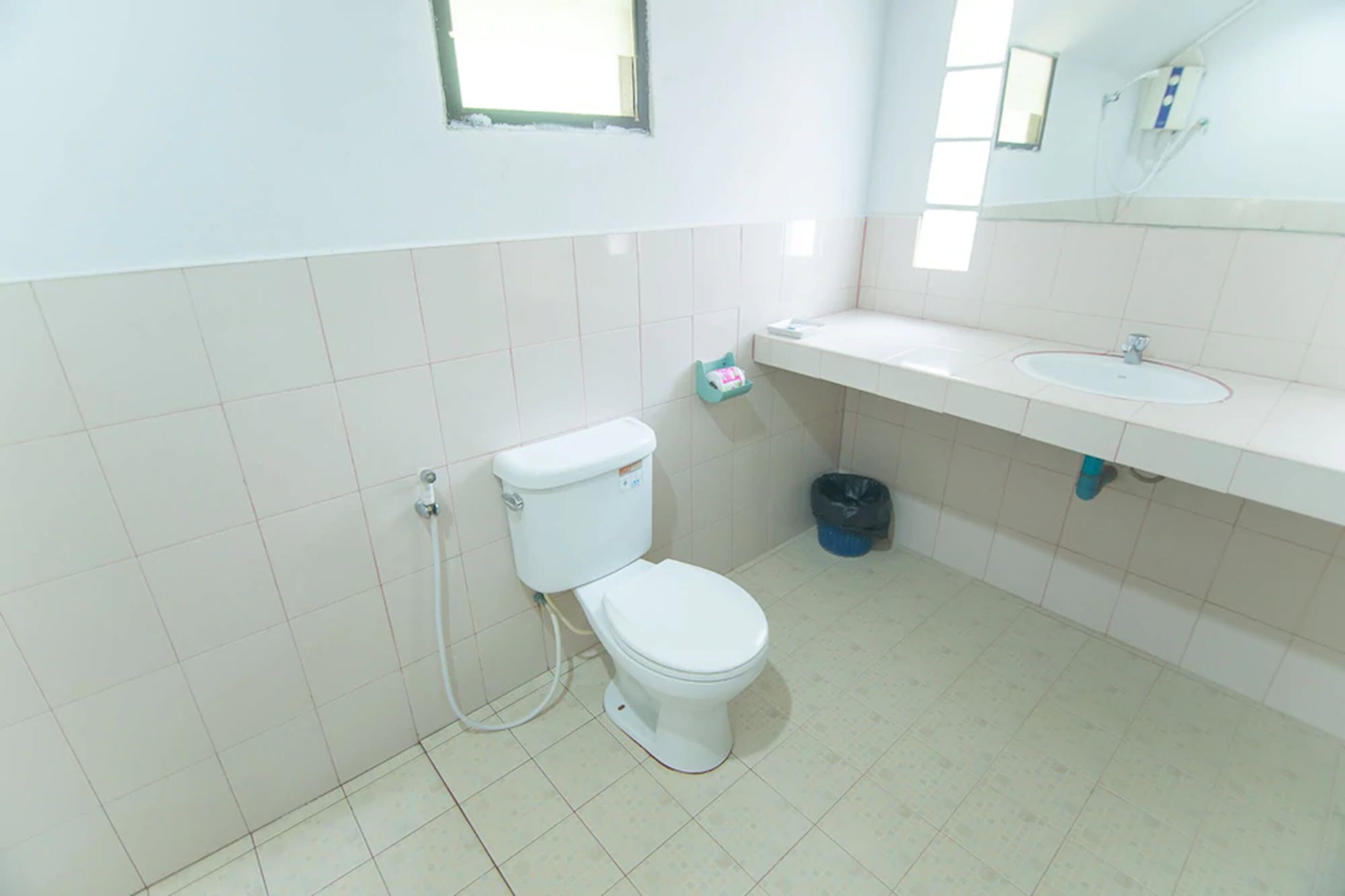 A bathroom with a toilet, sink, and mirror.