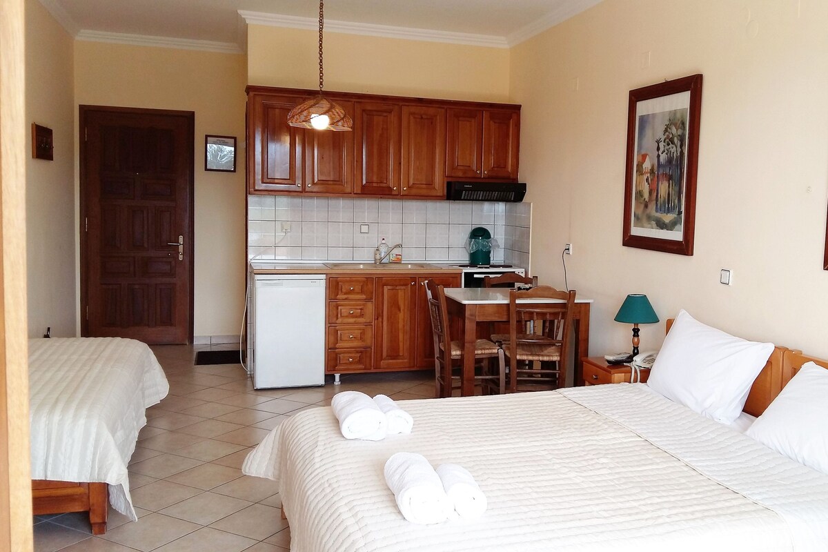 A hotel room with a bed, a desk, a chair, a kitchenette, and a painting on the wall.