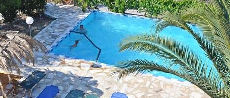 Outdoor pool, pool umbrellas, sun loungers