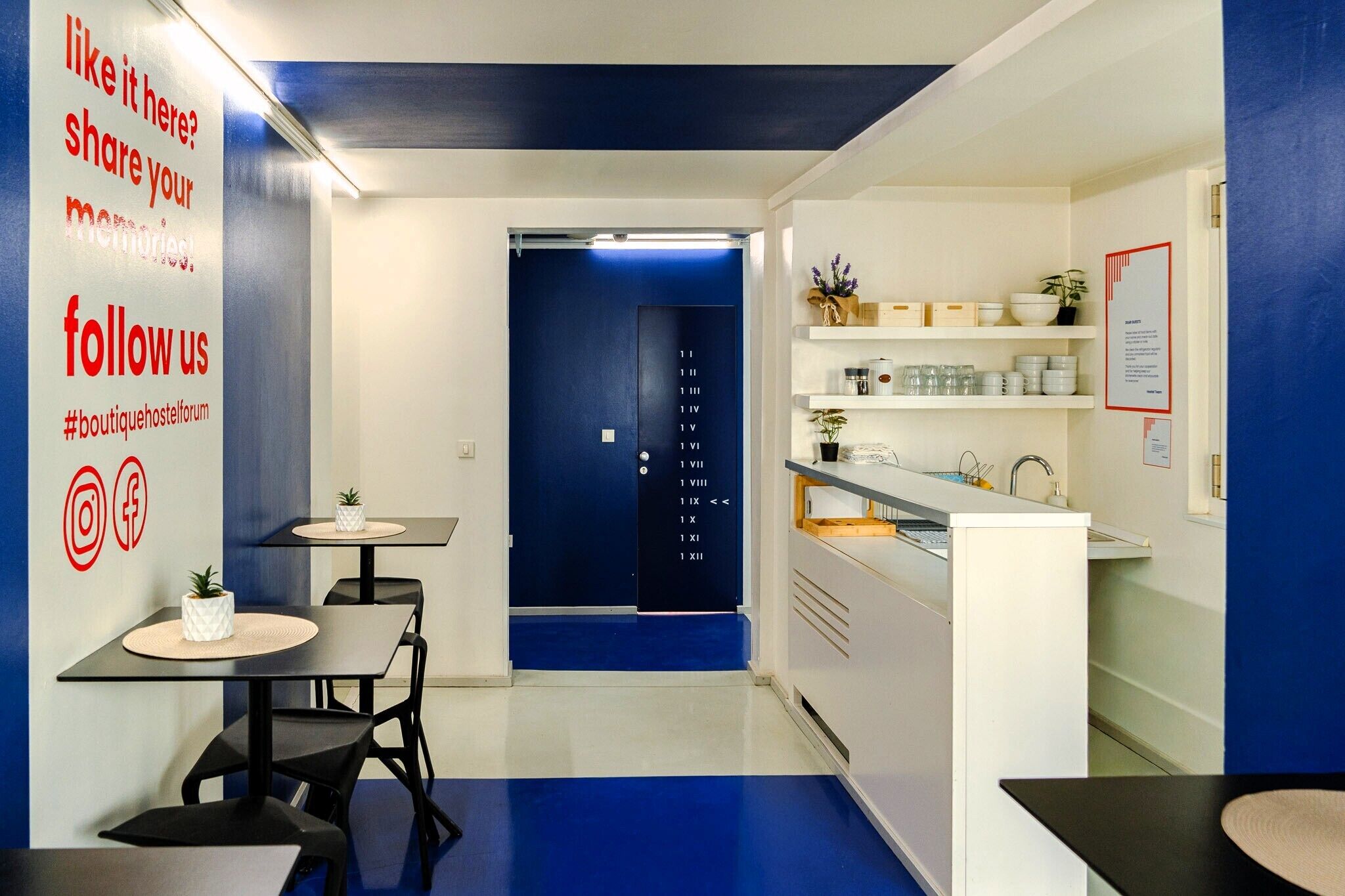 Une cuisine moderne avec un mur d’accent bleu, un comptoir blanc et un petit îlot central agrémenté d’une plante. On y trouve deux tables avec des chaises, un évier et une porte dotée d’un clavier numérique.