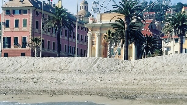 Ein Strand mit sandigem Ufer, einem Riesenrad und Gebäuden mit Flaggen.