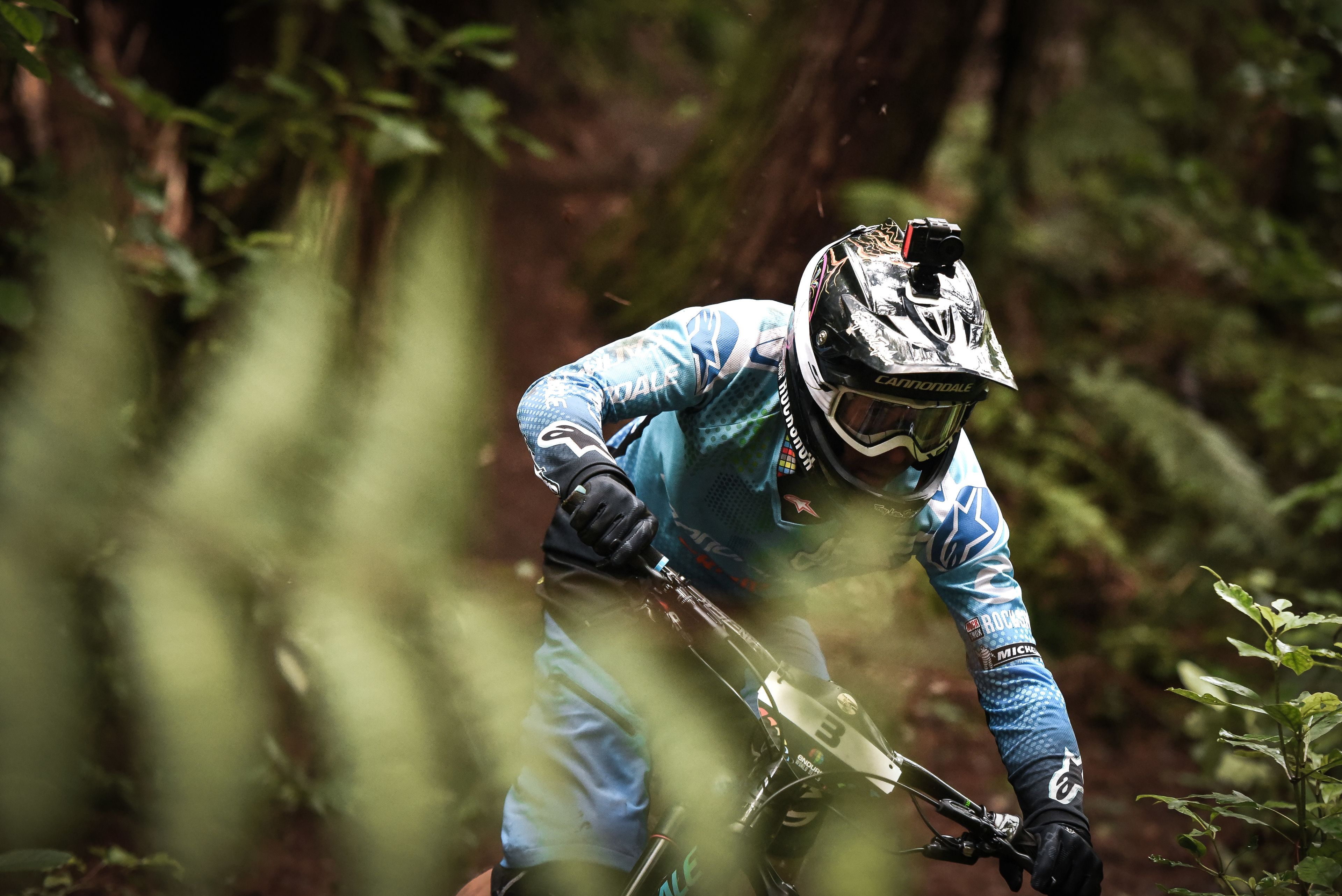 Eine Person fährt mit einem Mountainbike durch ein bewaldetes Gebiet.