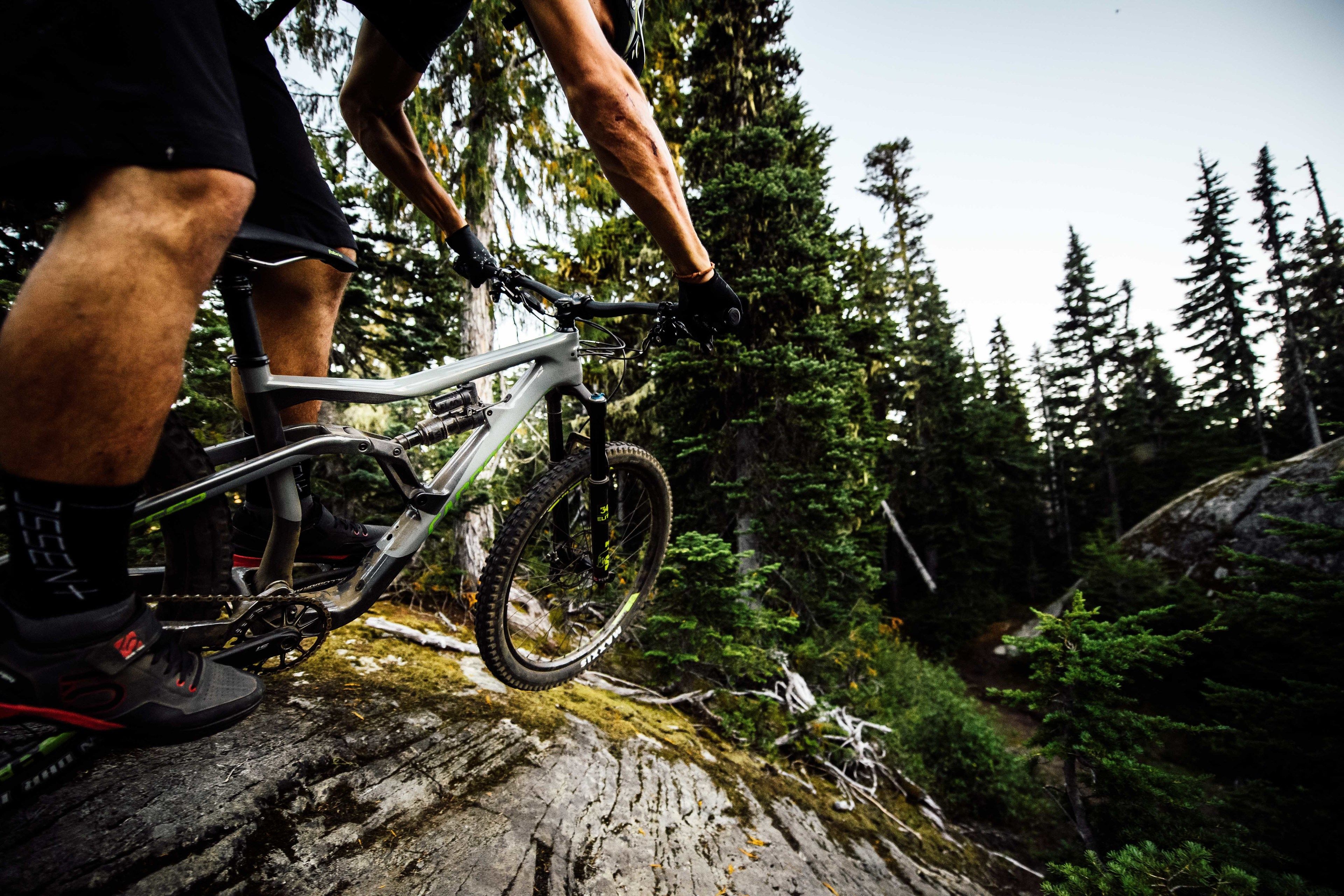 Een mountainbike op een rotsachtige ondergrond, met een dicht bos op de achtergrond.