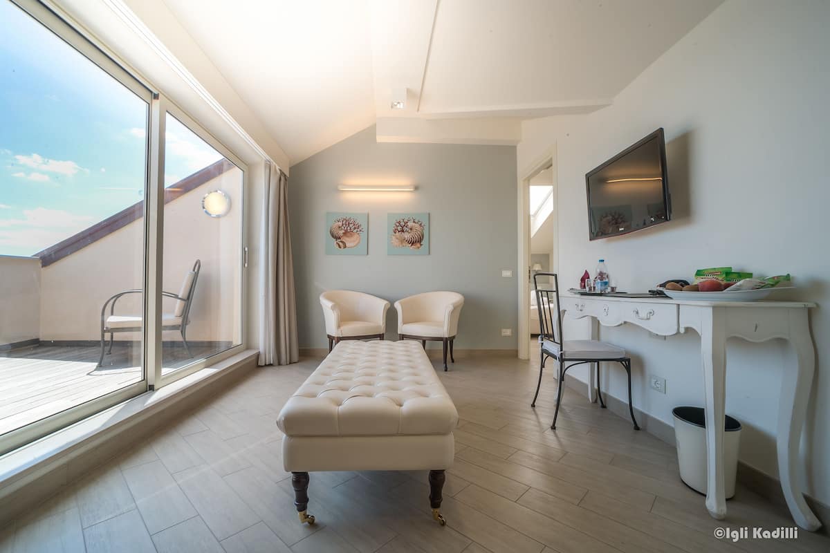 Junior Suite, Terrace, Sea View | Premium bedding, down comforters, minibar, in-room safe