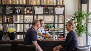 Un espace bar avec un barman qui sert des boissons, des étagères remplies de bouteilles et de verres, et une plante en pot.
