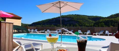Double Room, ground floor, bath, pool side terrace (Kitchenette on request with extra fees) | View from room