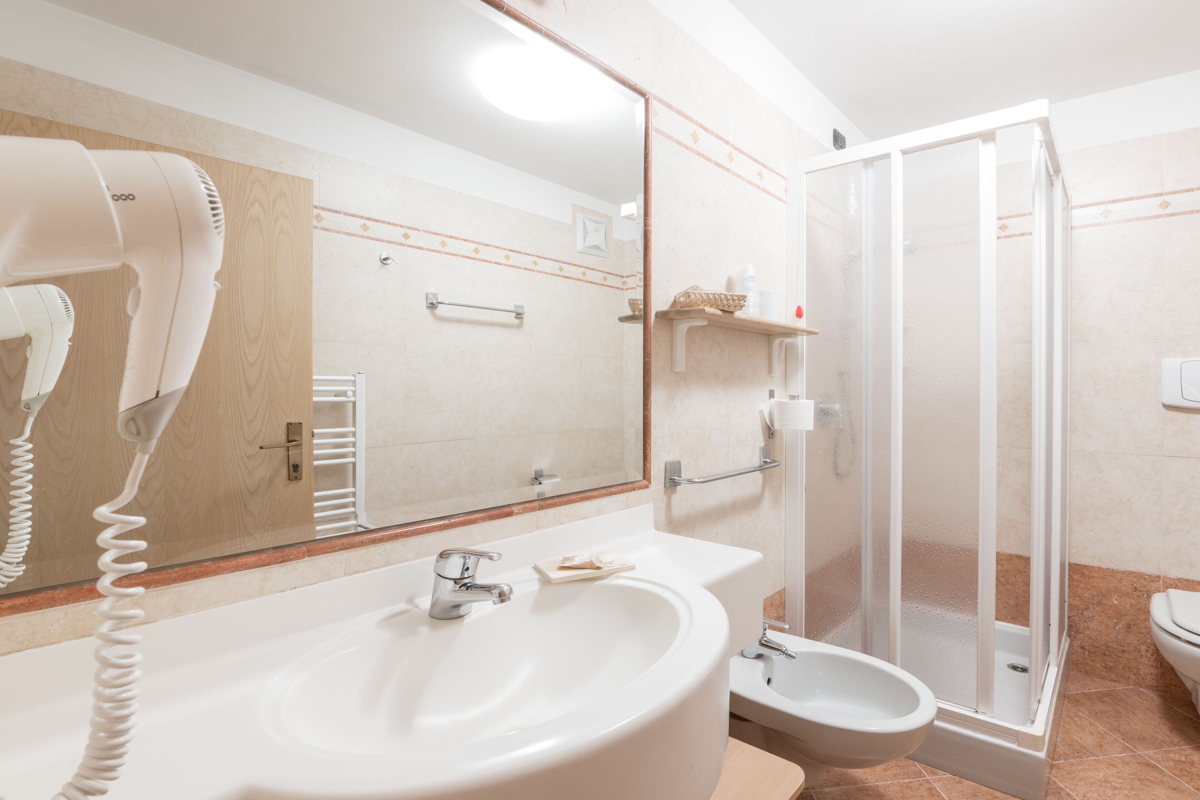 shower, hair dryer, bidet, towels