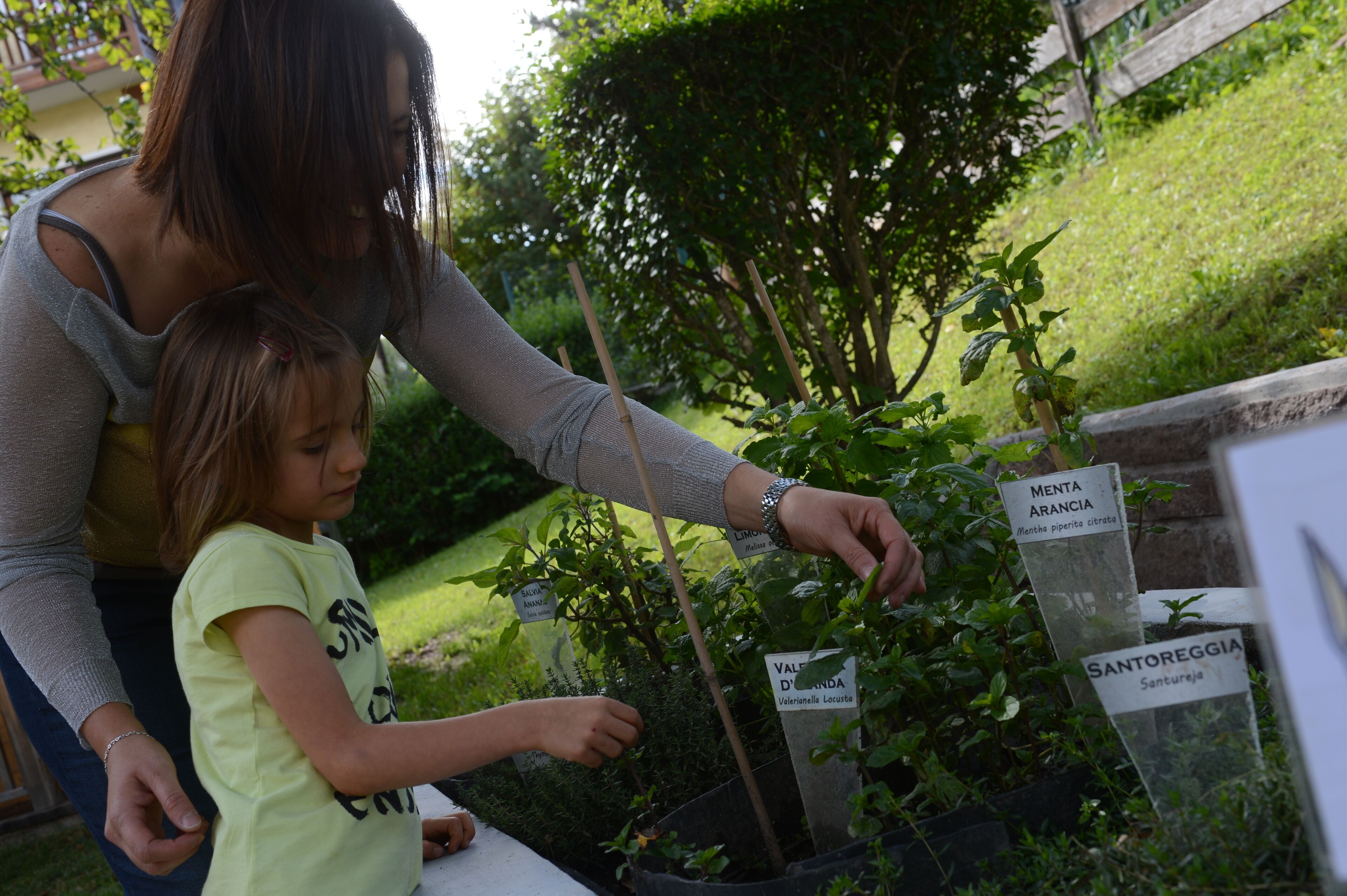 A woman and a child examining labeled plants in a garden.