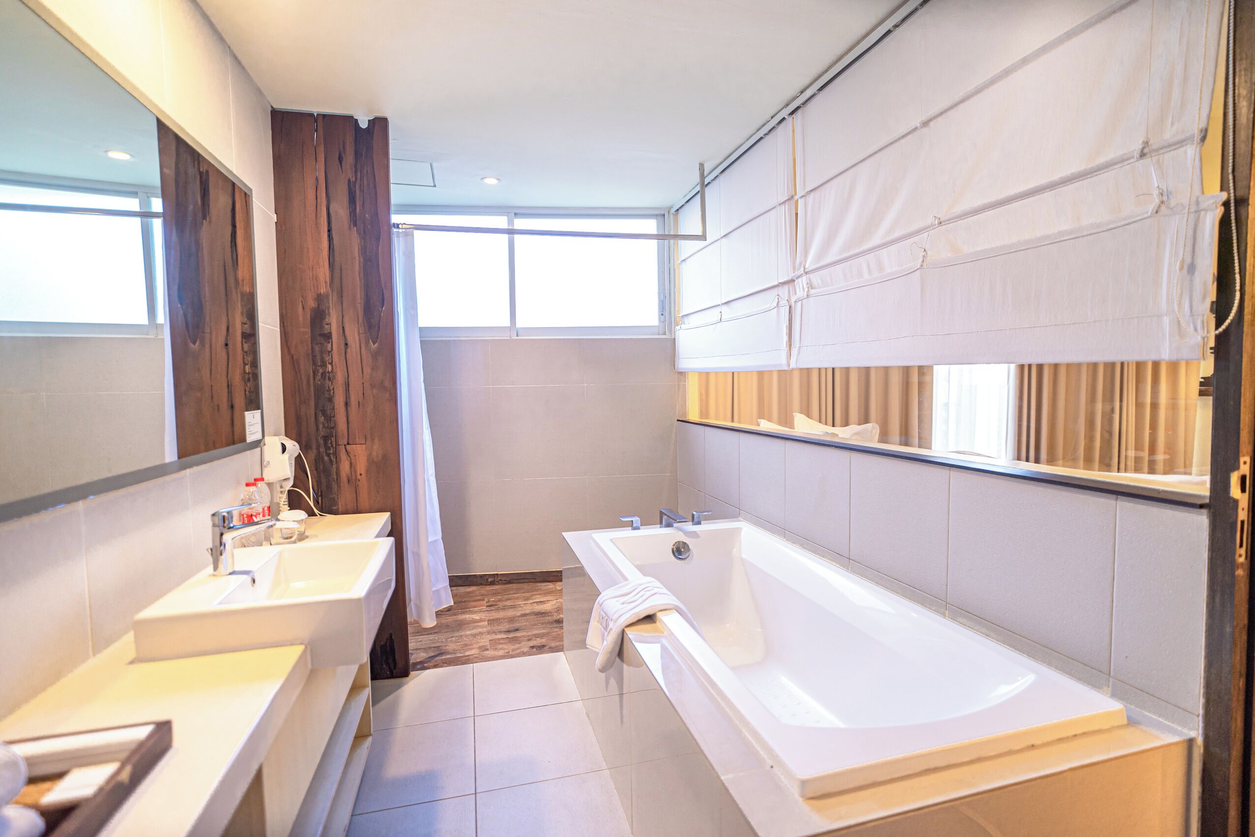 free toiletries, hair dryer, towels