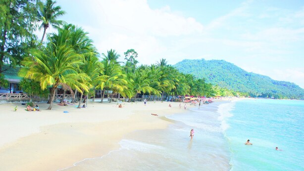 A beach with palm trees, a sandy shore, and a mountain in the background. - Lamai Inn 99 Bungalows (Koh Samui)