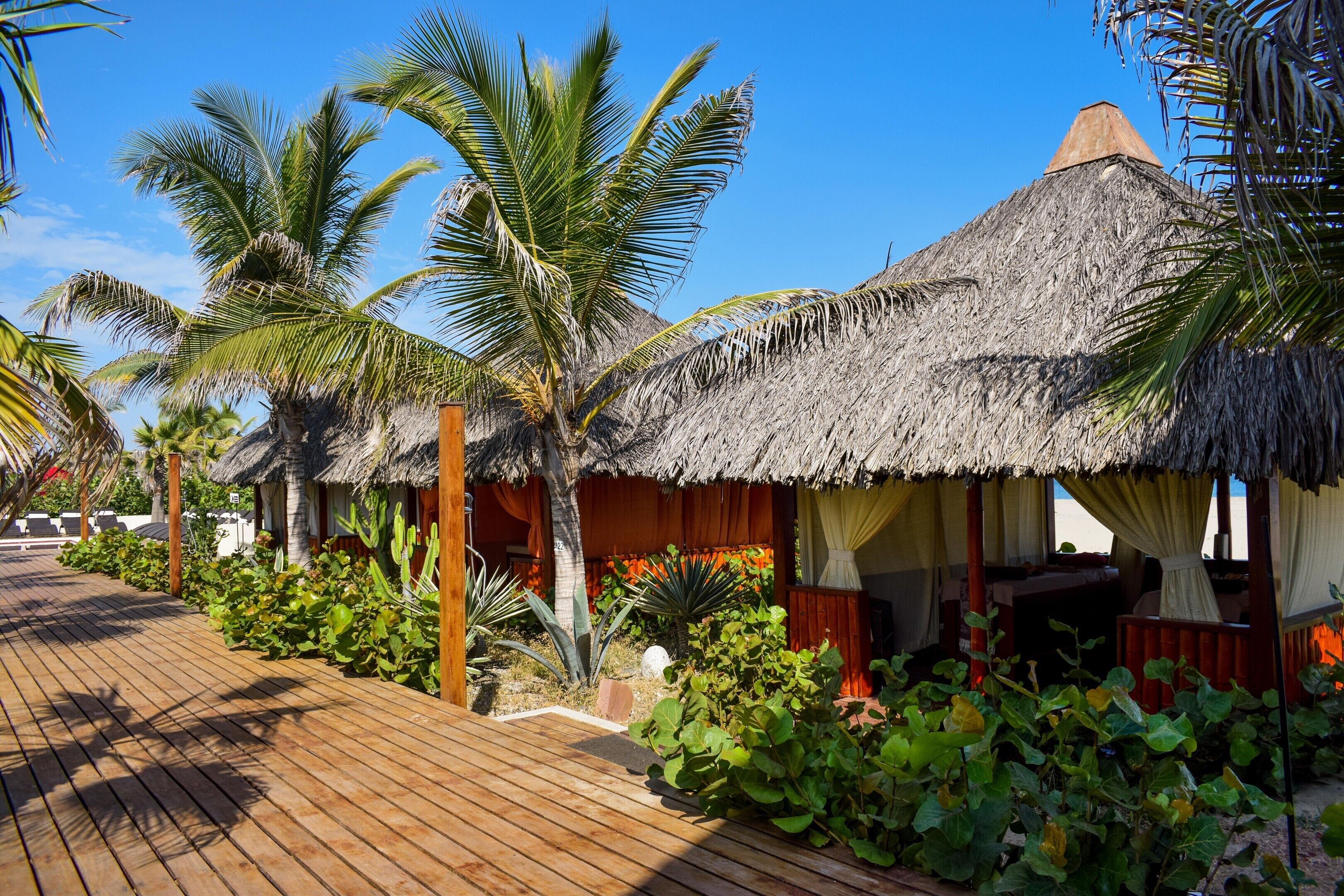 A wooden deck with thatched-roof huts, palm trees, and lush greenery.