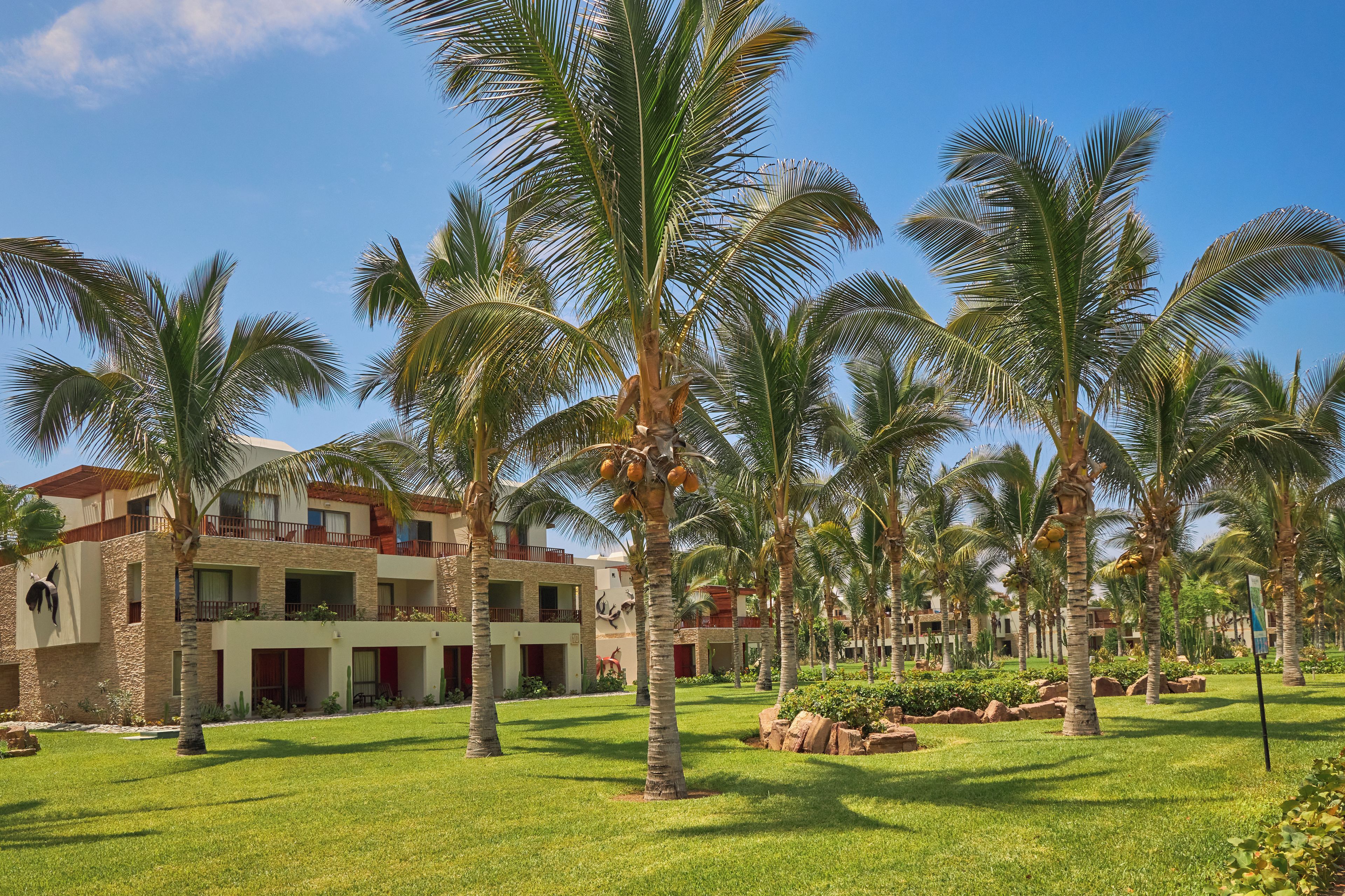 Un resort con edificios de varios pisos, palmeras y un césped bien cuidado.