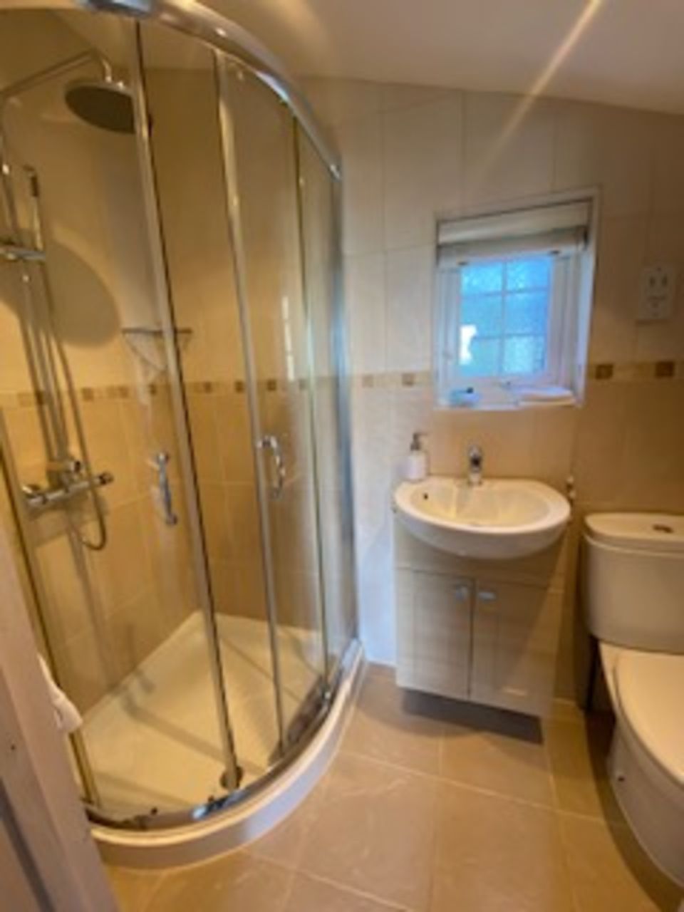 A bathroom with a glass-enclosed shower, a sink, and a toilet.