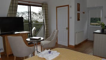 Una habitación con cama, televisor sobre un mueble de madera, dos sillas, una mesita, una puerta y una ventana con cortinas.