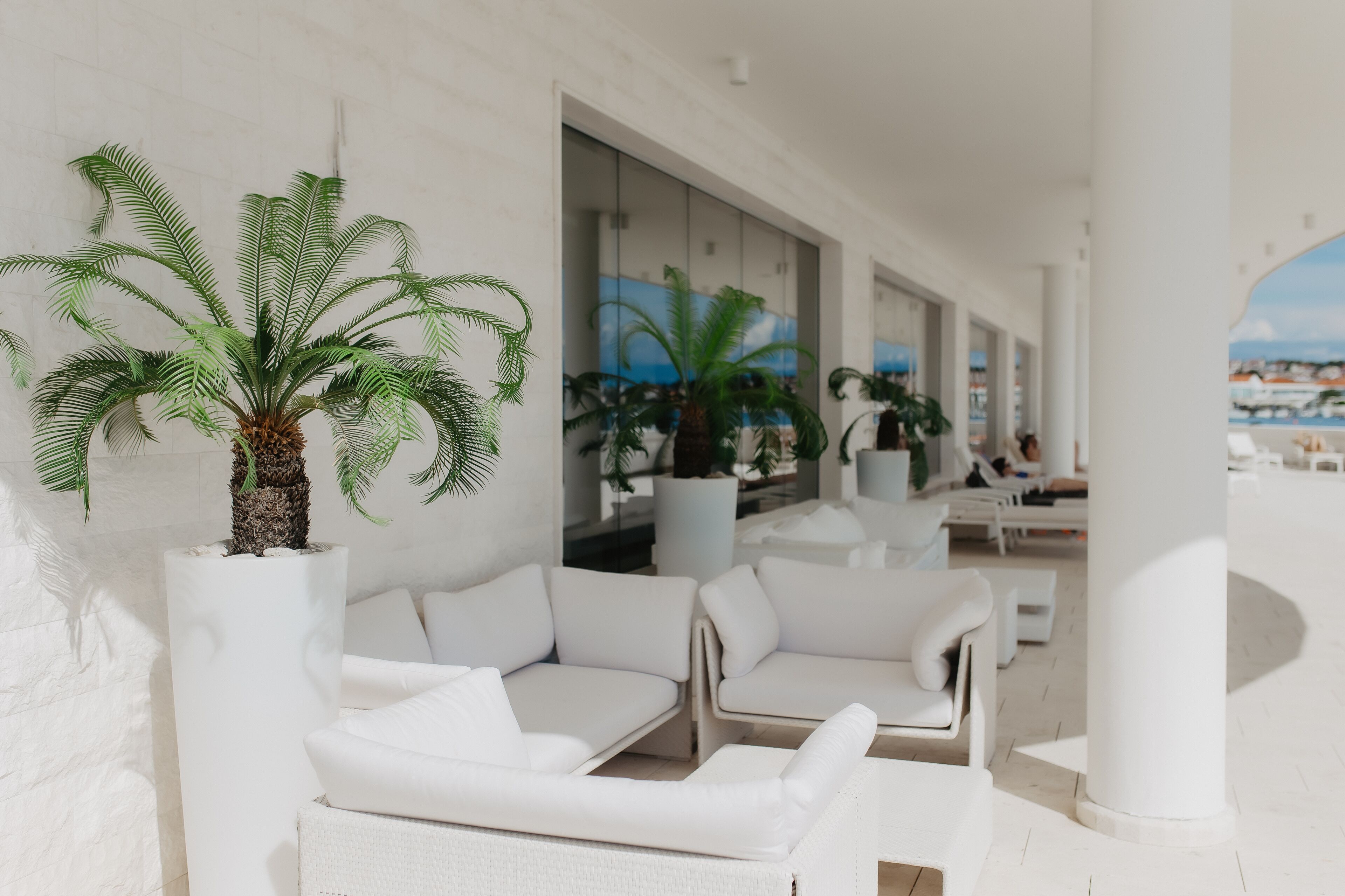 Un espace de détente extérieur moderne, avec des meubles blancs et des plantes en pot, notamment des palmiers.