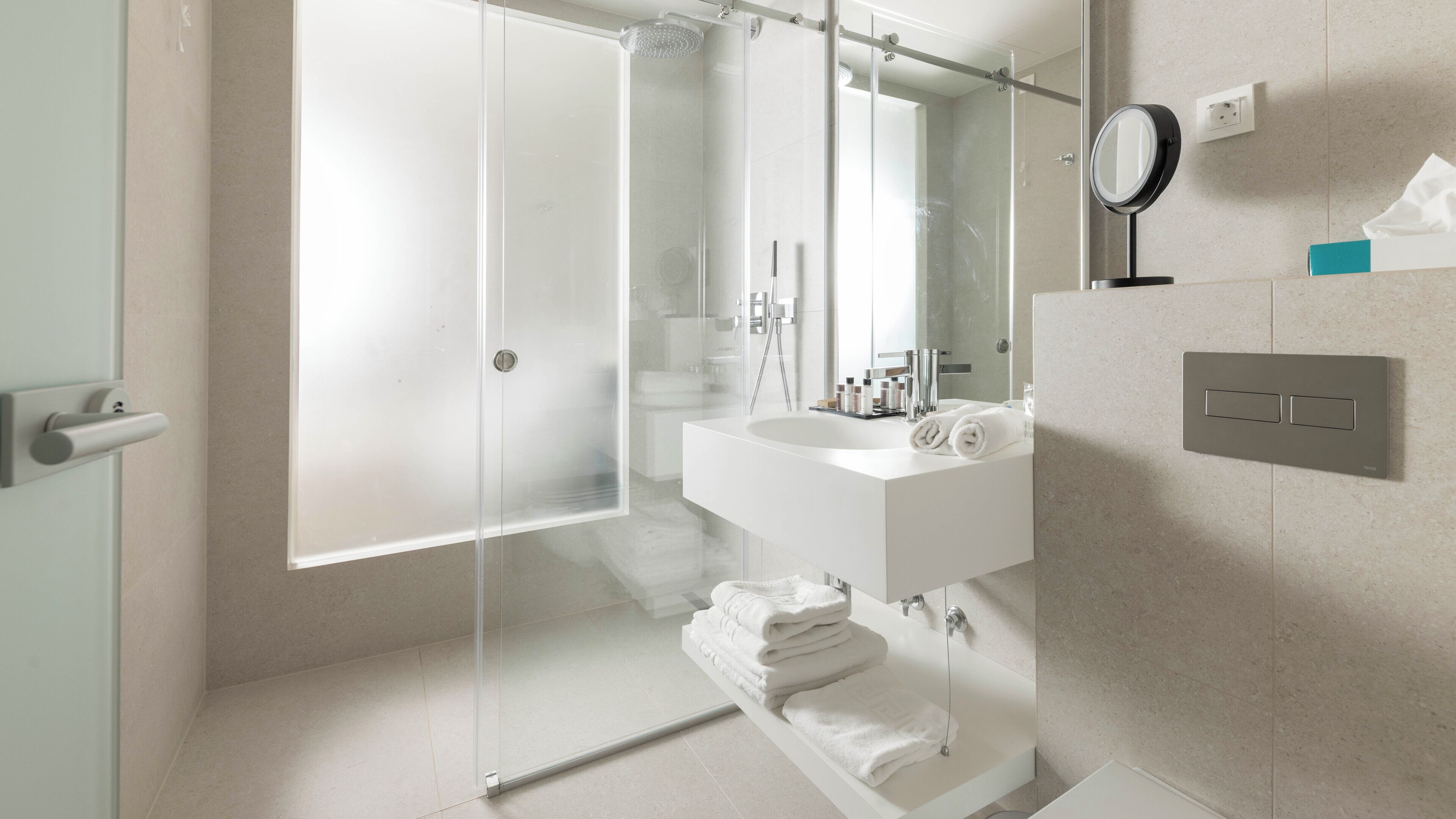 A modern bathroom with a glass shower enclosure, a white sink, and a mirror.
