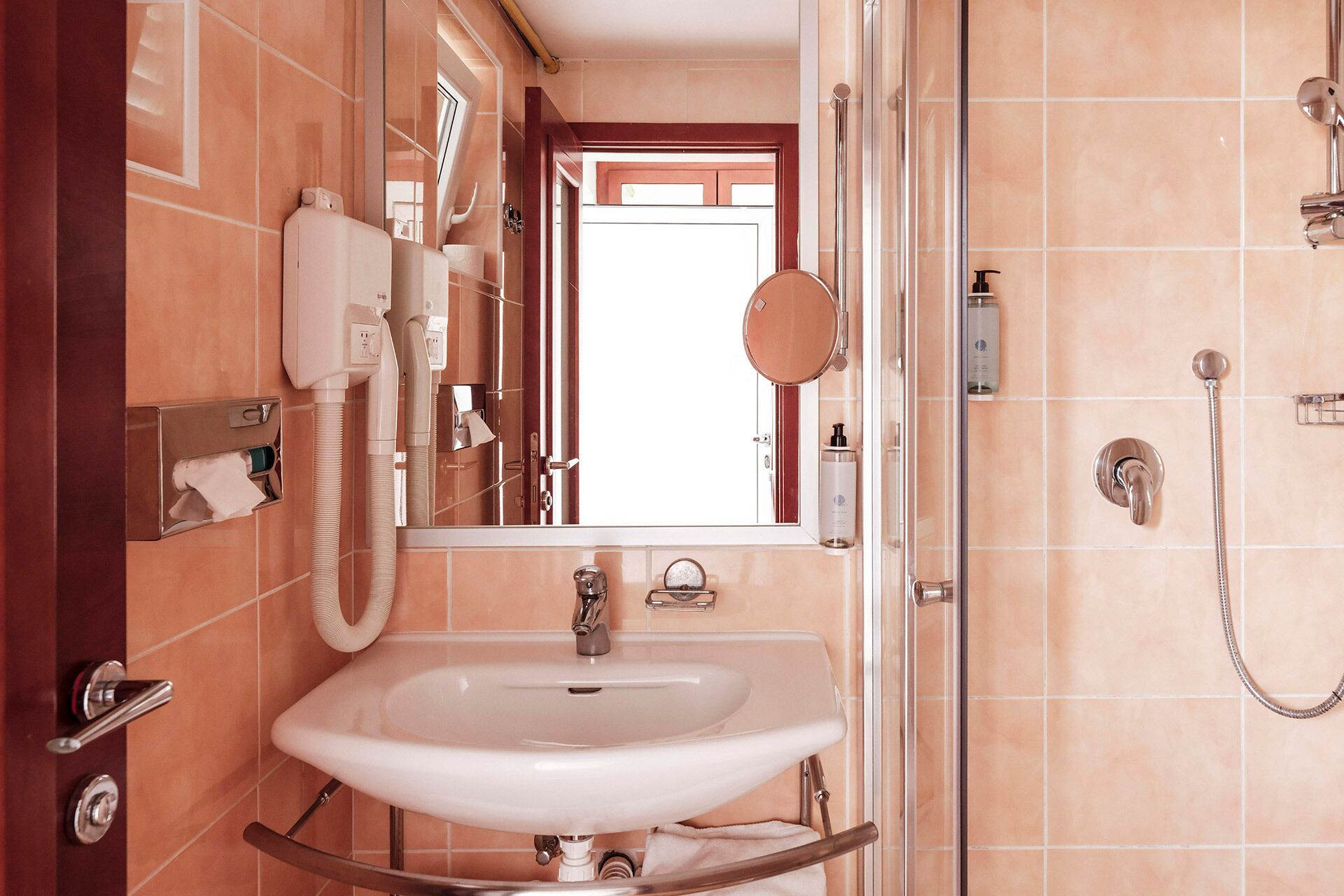 Un bagno con lavandino, specchio, porta asciugamani e doccia.