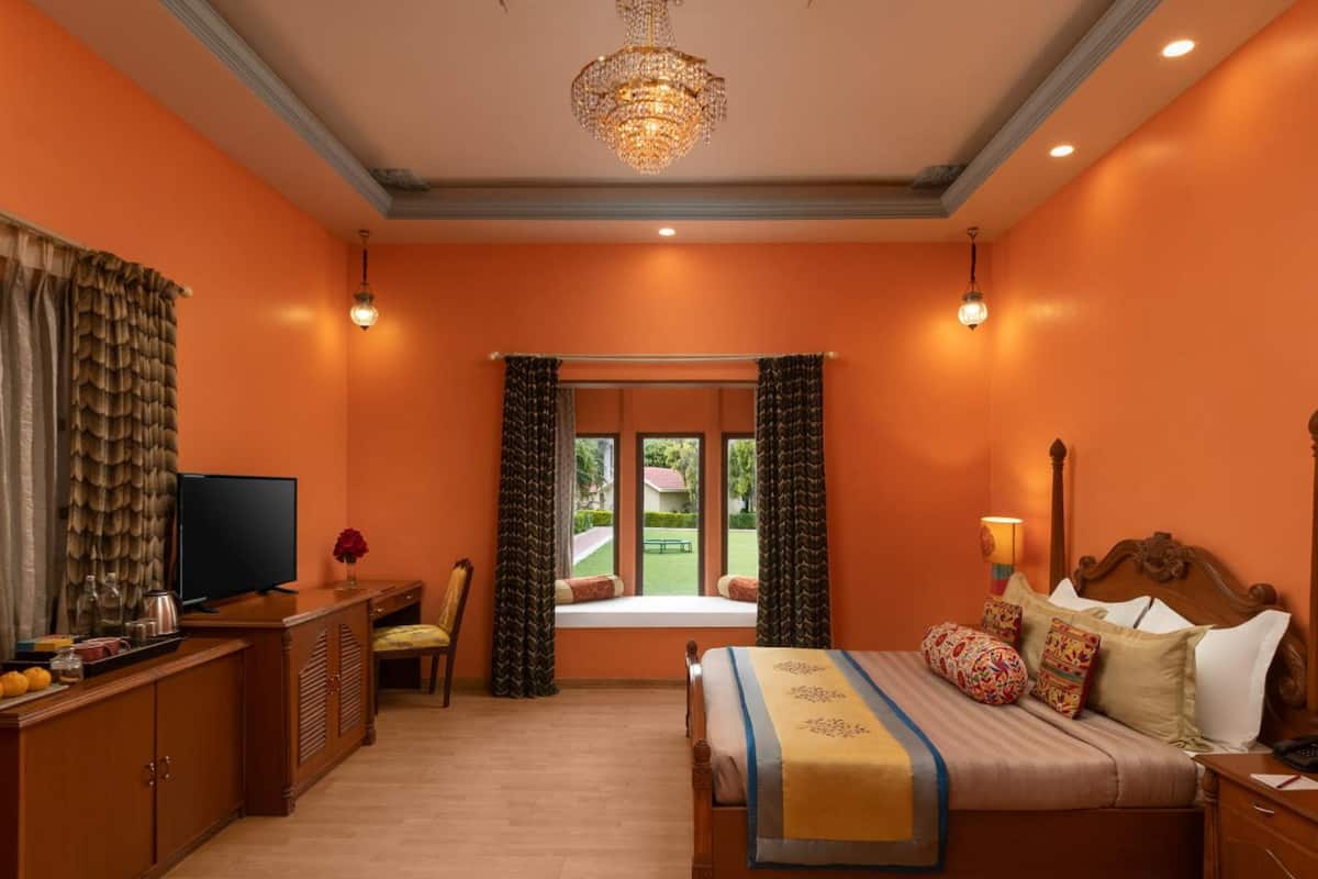 Habitación de hotel con una cama grande, un escritorio con televisor y vistas a un jardín a través de una ventana.