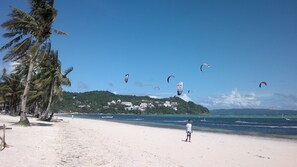 Una playa con palmeras, cielo despejado y varios cometas volando. Se ven edificios al fondo.