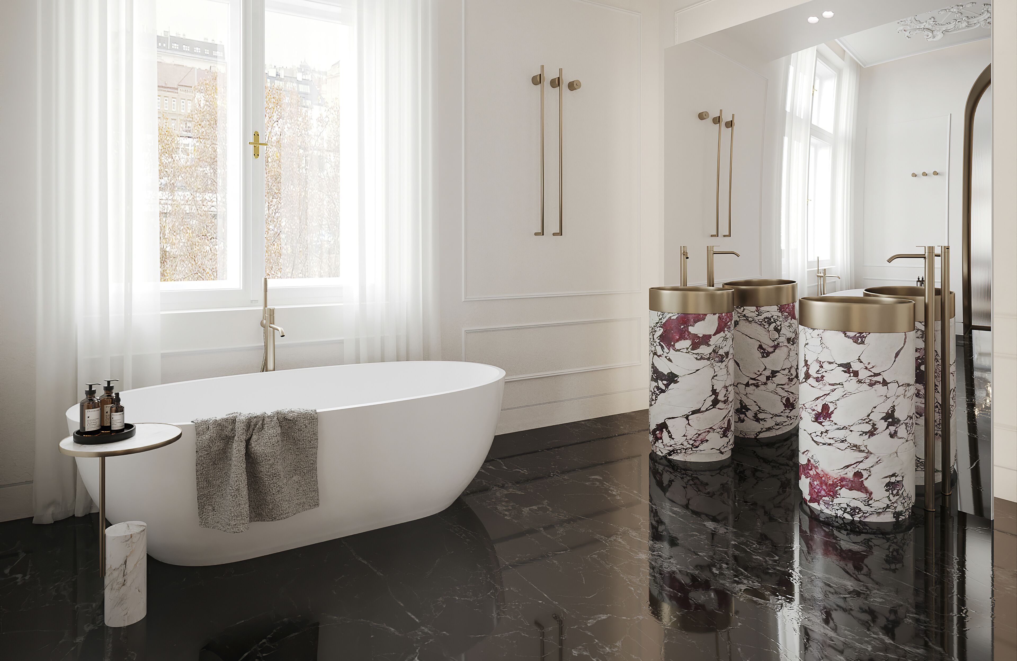 A modern bathroom with a freestanding bathtub, marble flooring, and gold fixtures.
