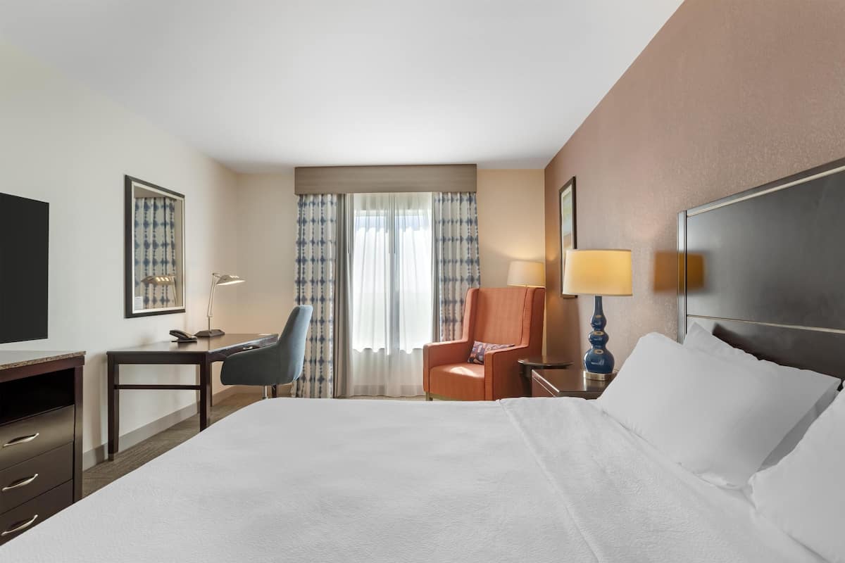 A hotel room with a bed, a desk, a chair, a TV, a lamp, and curtains.