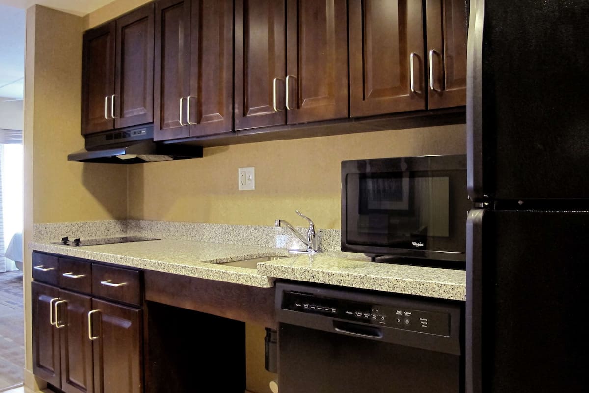 studio, 1 king bed, accessible (mobility & hearing, roll-in shower) | private kitchen | full-sized fridge, microwave, stovetop, dishwasher