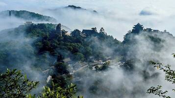 A mountainous landscape with traditional architecture, including pagodas and temples, surrounded by dense forests and enveloped in mist.