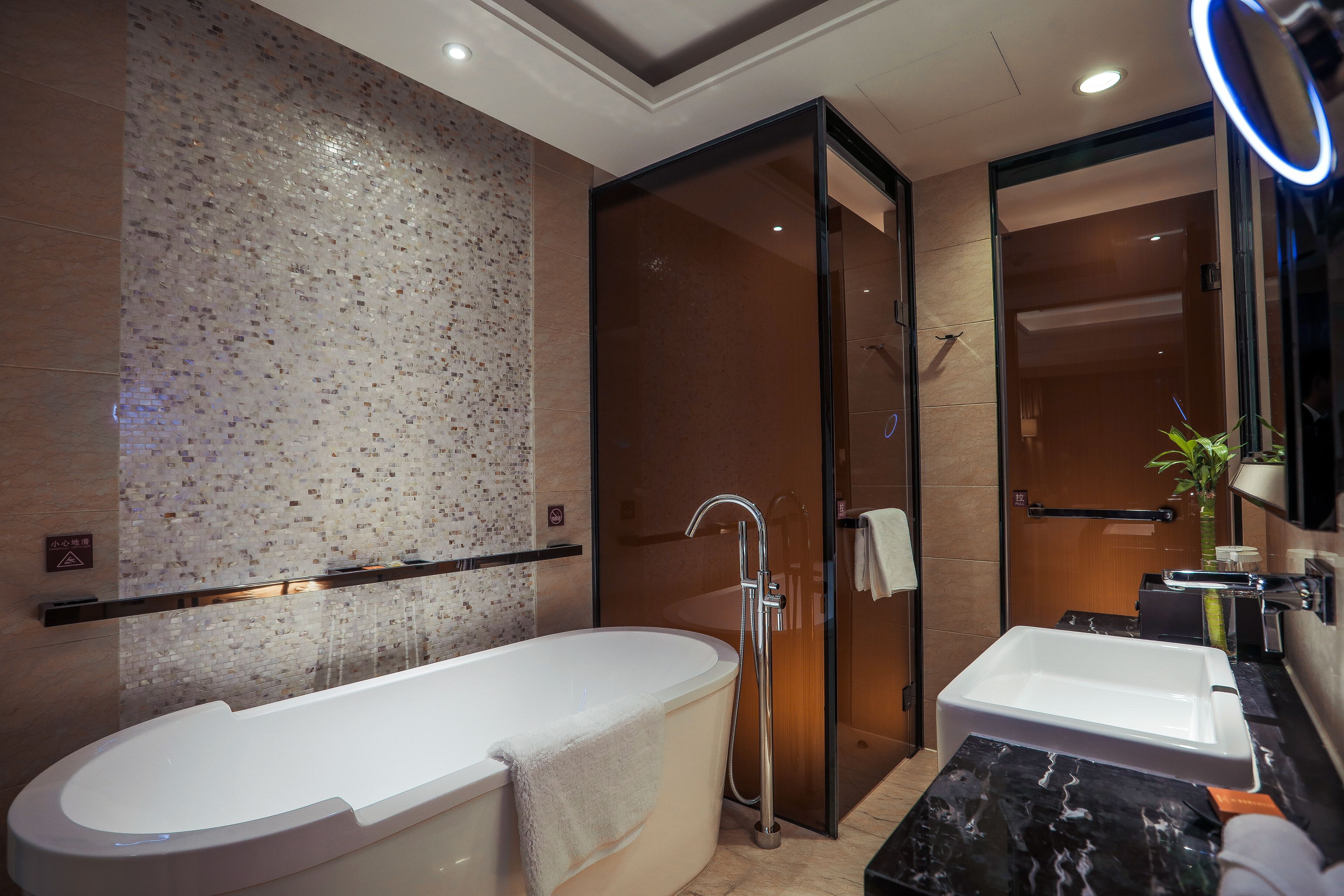 A modern bathroom with a freestanding bathtub, a glass-enclosed shower, and a vanity with a mirror.
