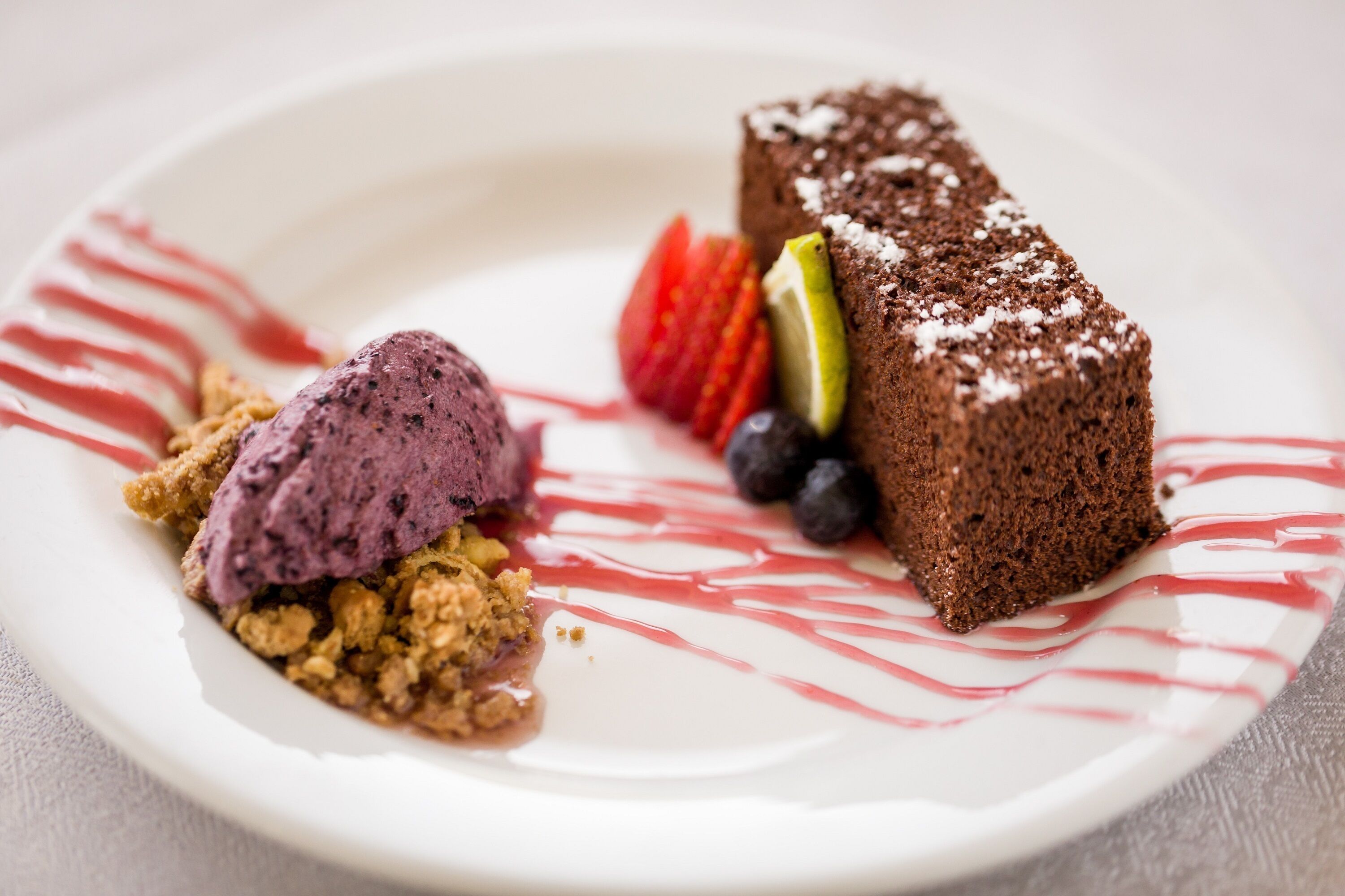 Un plato de postre con un pastel de chocolate, una bola de helado de arándanos y una guarnición de frutas.