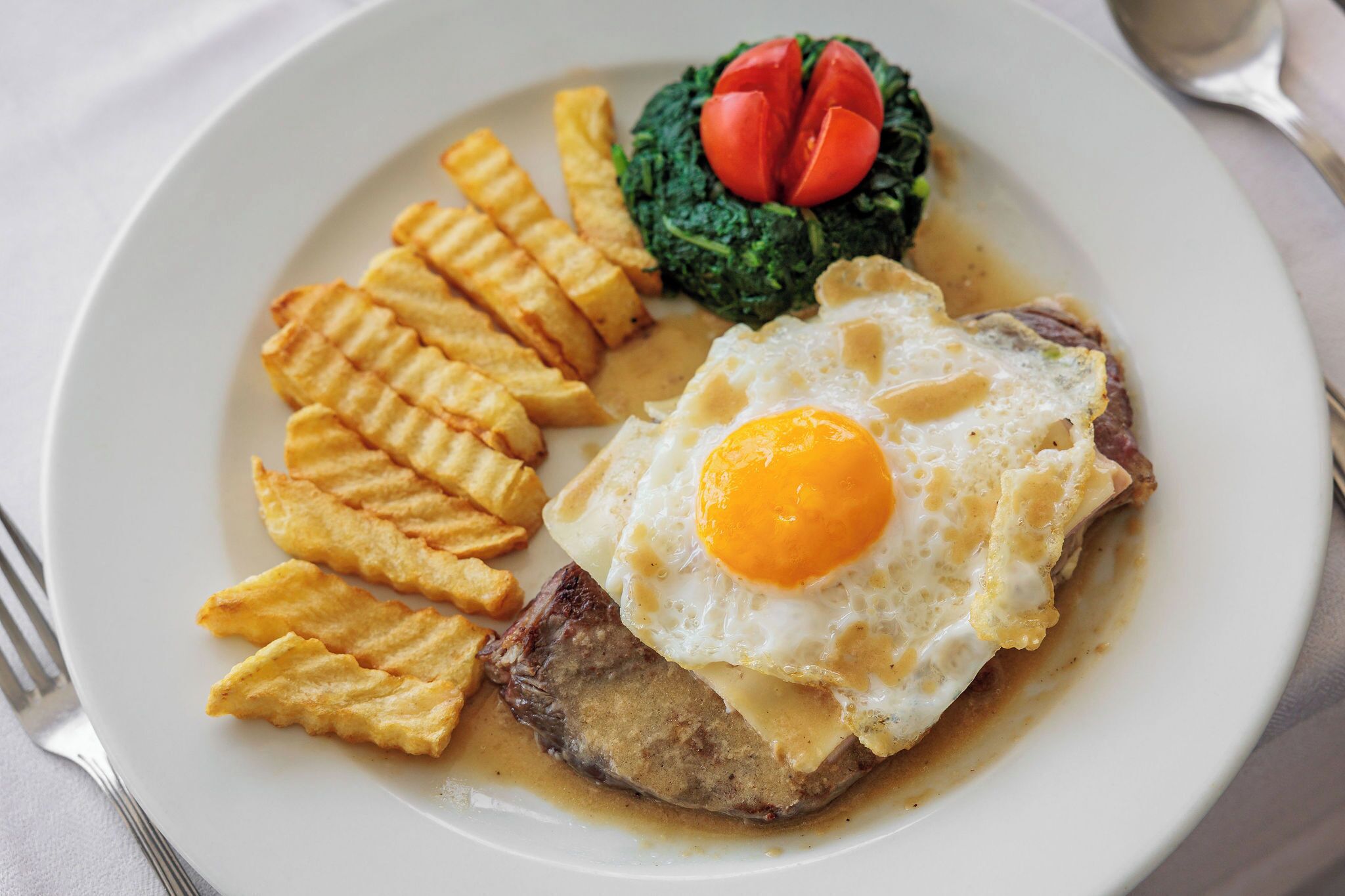 A plate with a fried egg, hash browns, a meat patty, and a vegetable medley.