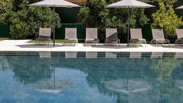 Una piscina techada, sillones reclinables de piscina