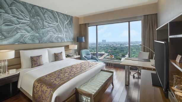 A hotel room with a large bed, a desk, a chair, a TV, and a view of the city.