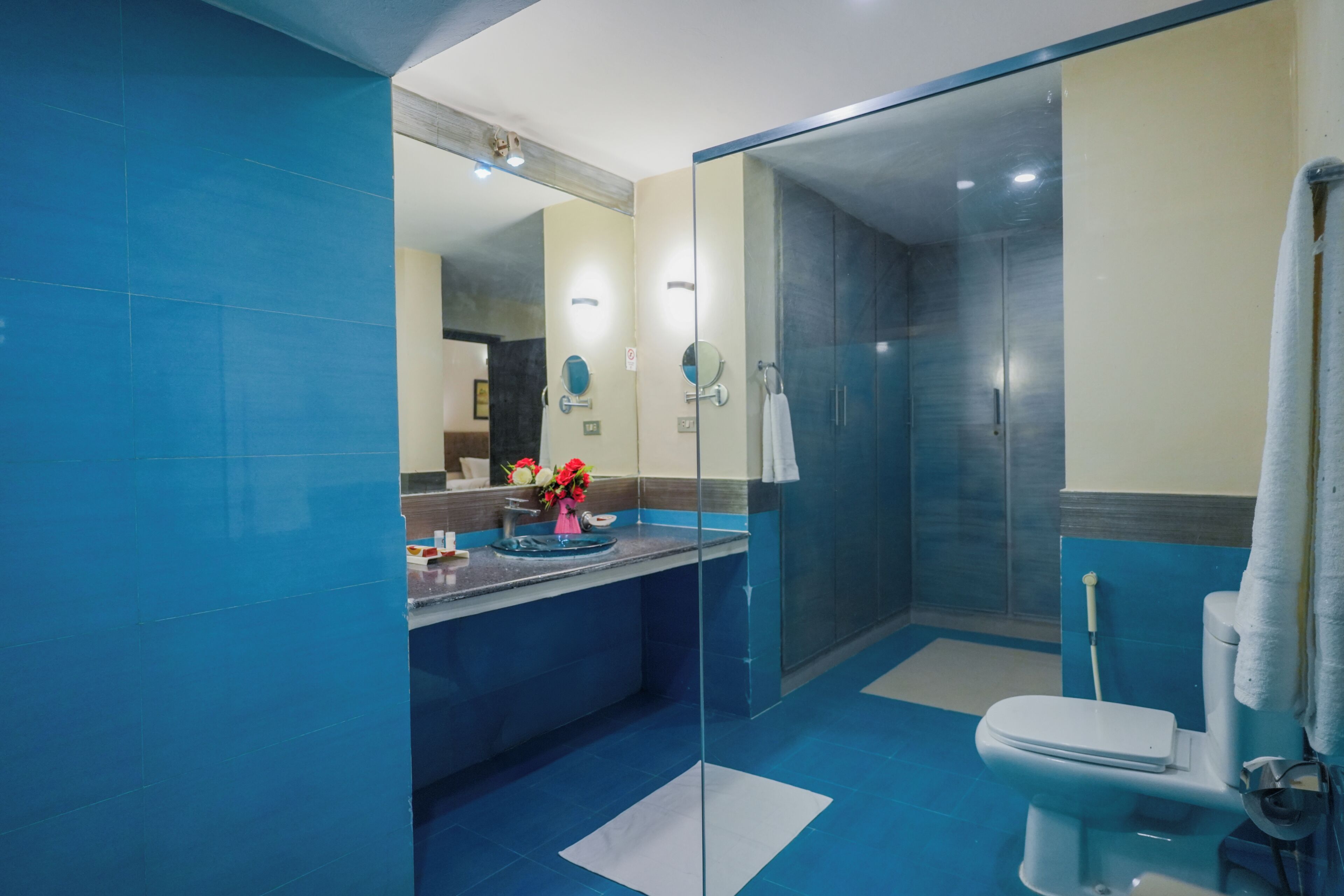 A modern bathroom with a glass-enclosed shower, a sink with a mirror, and a toilet.