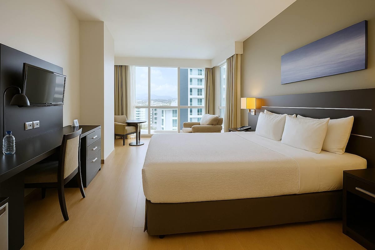 Un cuarto de hotel con una cama grande, un escritorio, un televisor y vista a la ciudad.