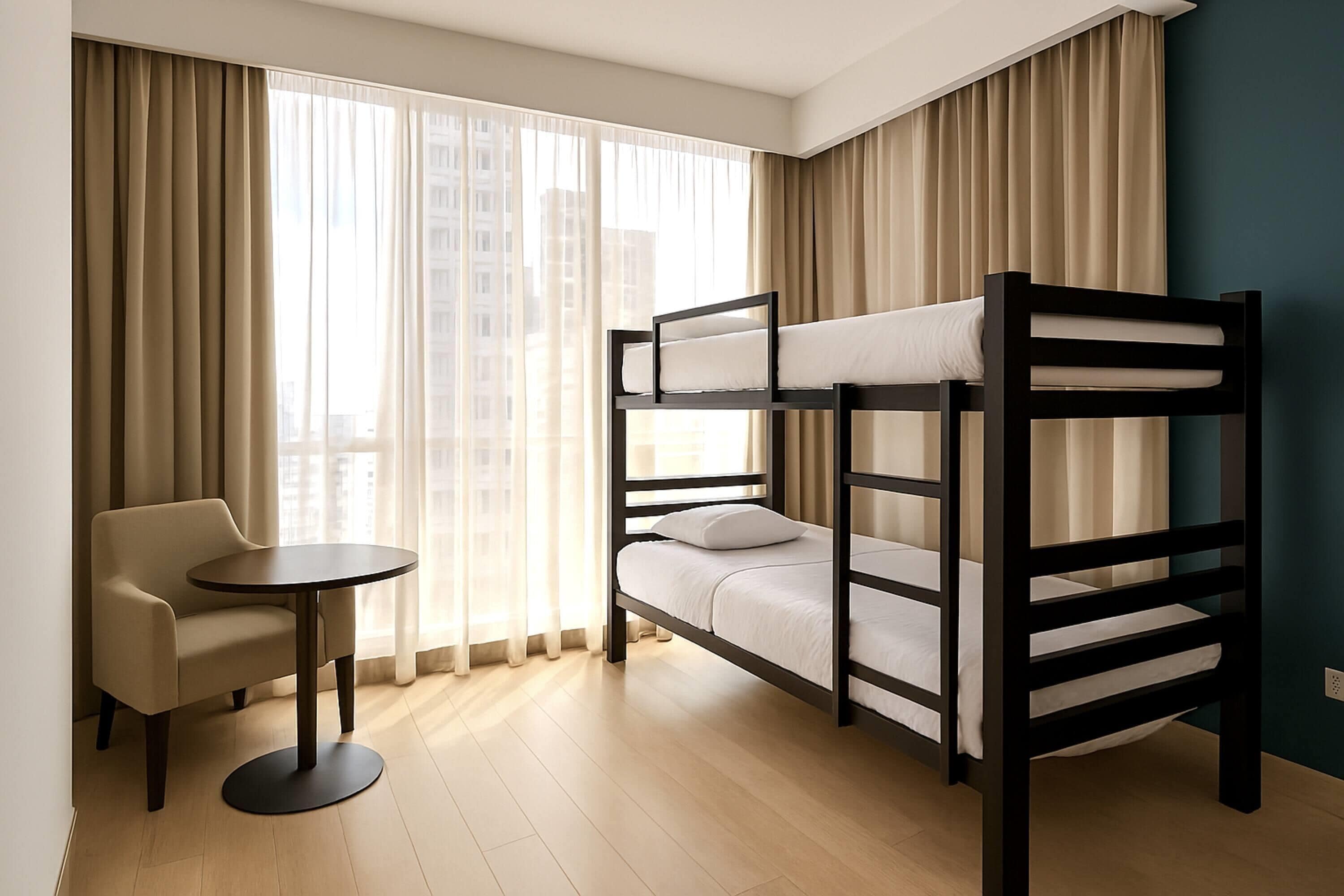 Una habitación con literas, una mesita redonda pequeña, un sofá y ventanas grandes con cortinas.