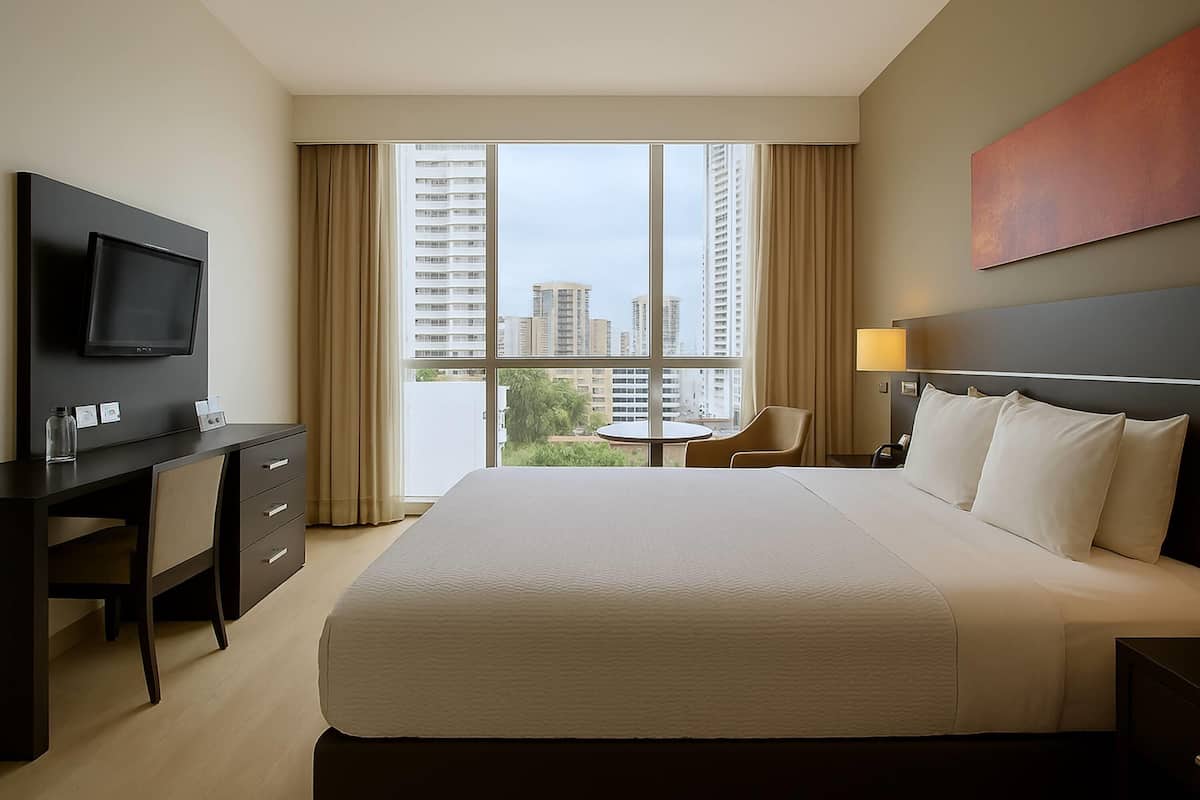 Habitación de hotel con cama, escritorio, televisión, lámpara y vistas a edificios altos.