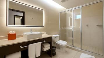 Shower, eco-friendly toiletries, hair dryer, towels