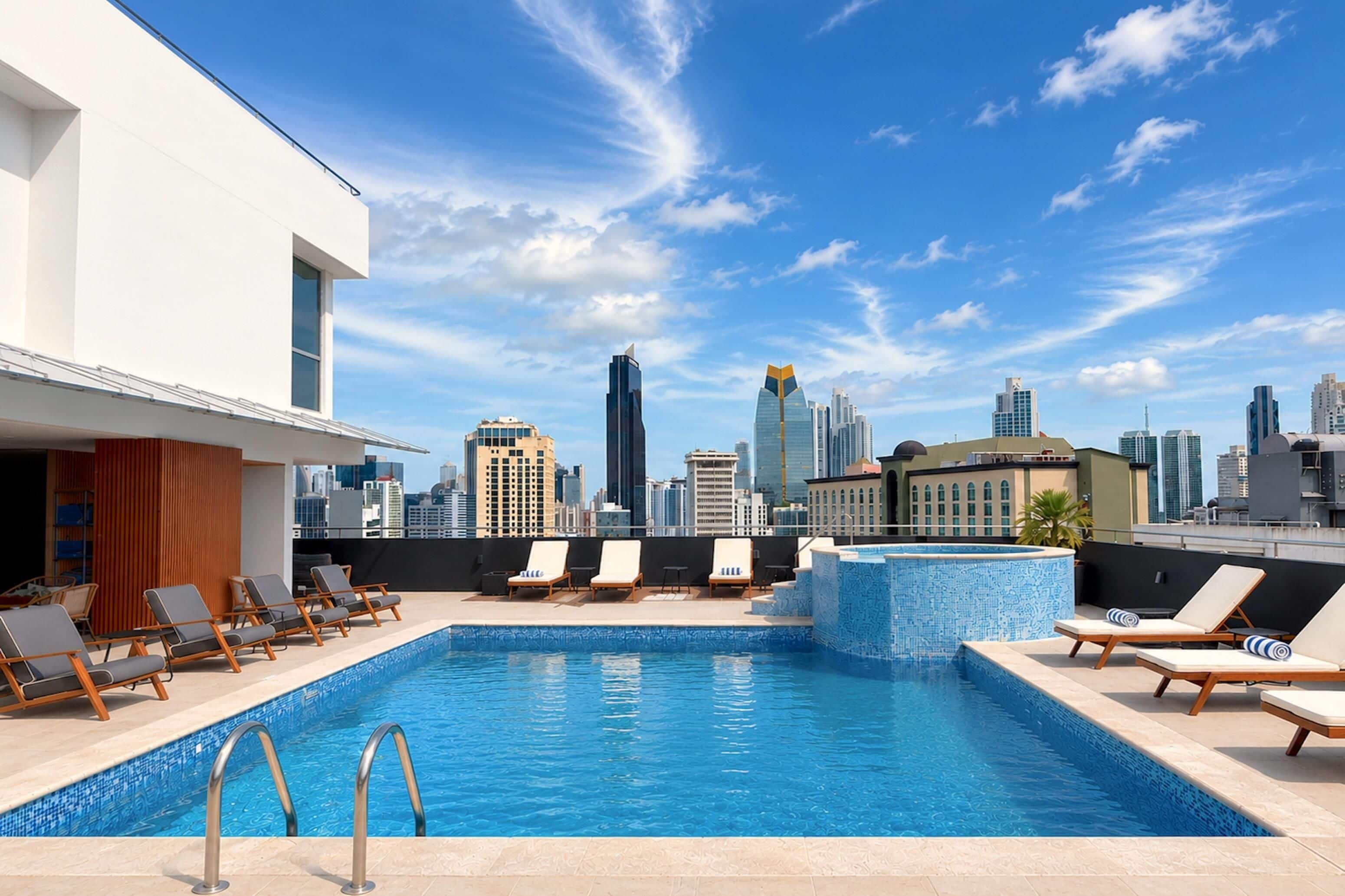 A rooftop pool with lounge chairs and a city skyline view.