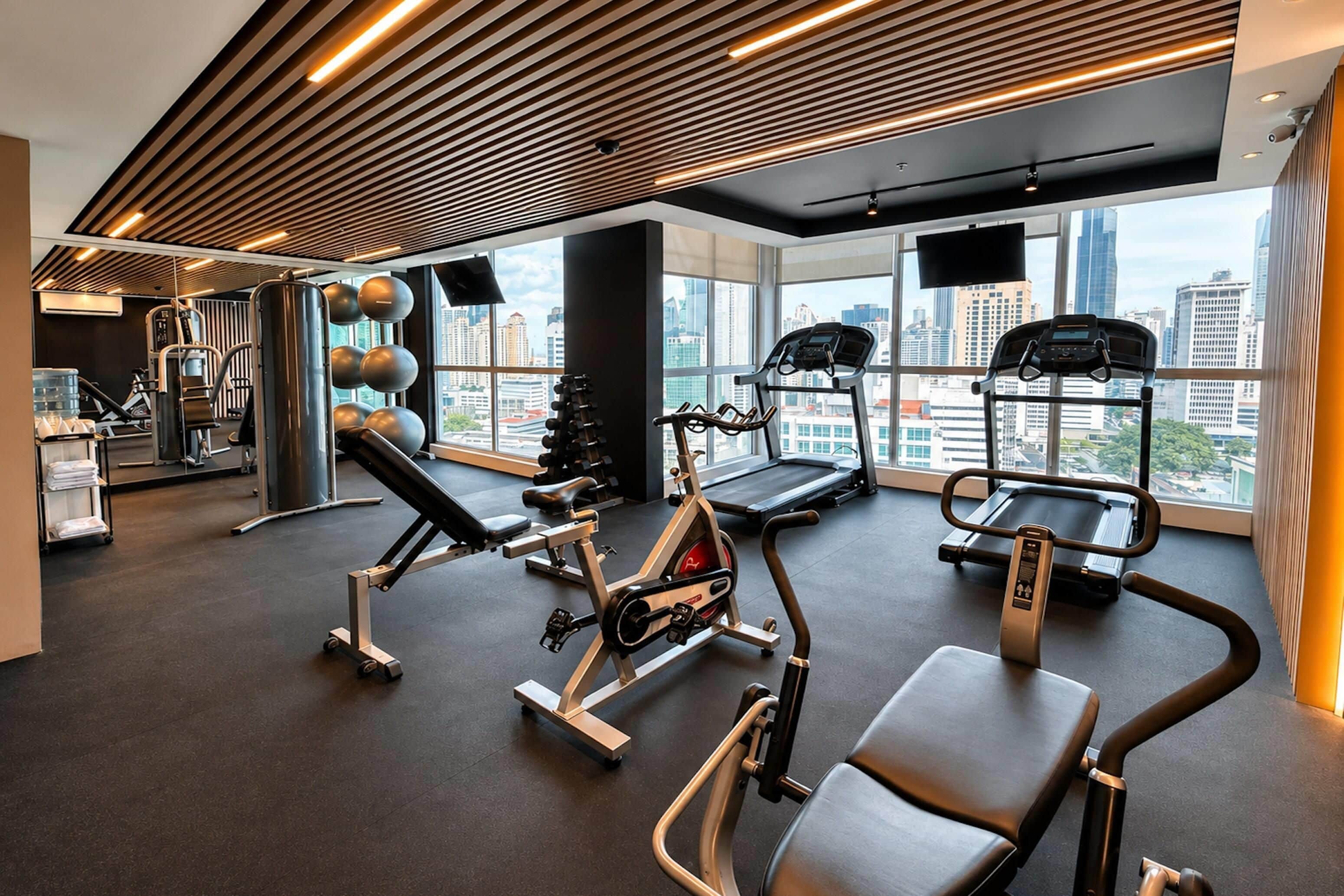 Ein moderner Fitnessraum mit unterschiedlichen Trainingsgeräten, großen Fenstern mit Blick auf die Stadt und einer Decke mit linearer Beleuchtung.