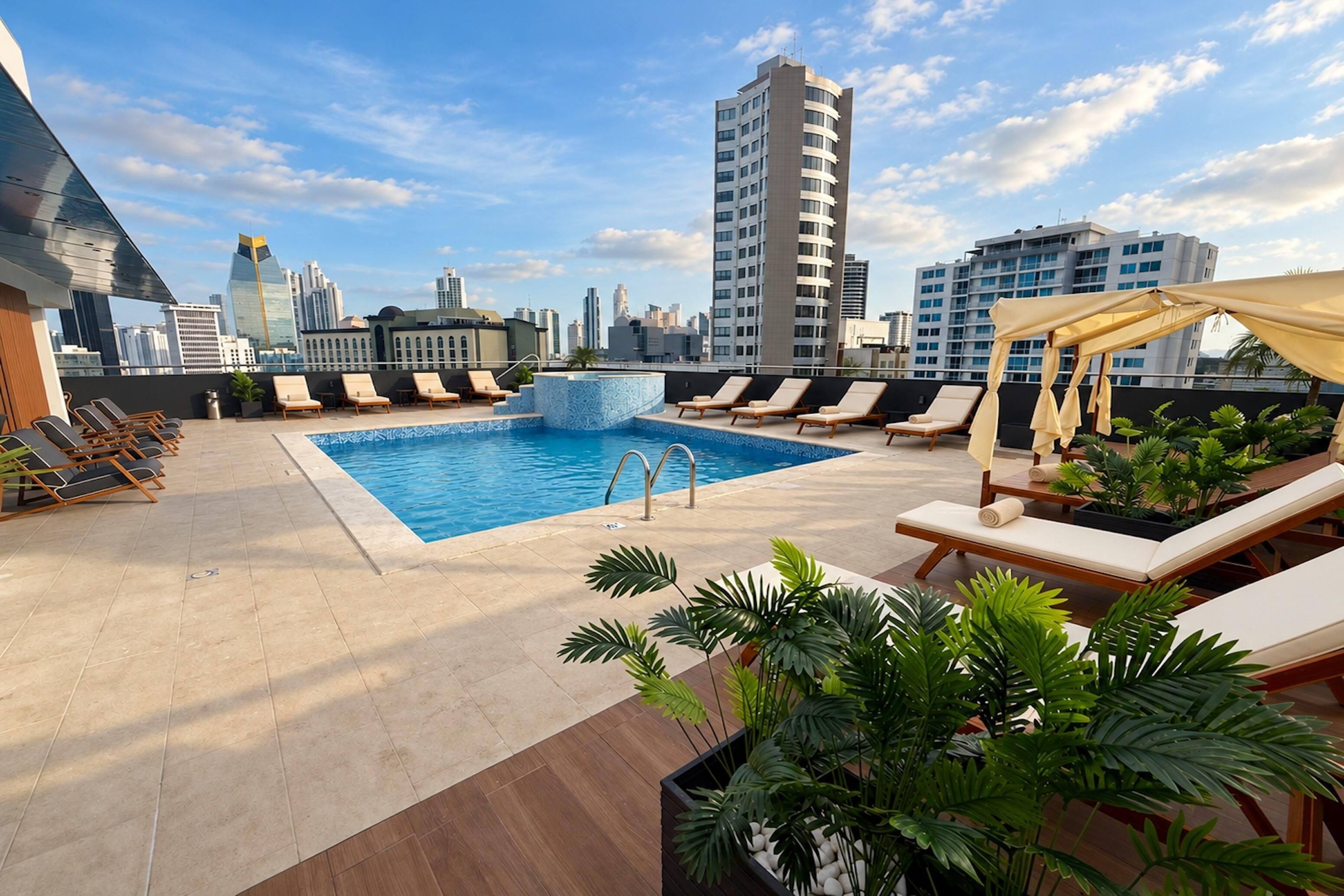Outdoor pool, pool umbrellas, sun loungers
