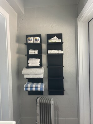 Shower, free toiletries, hair dryer, towels