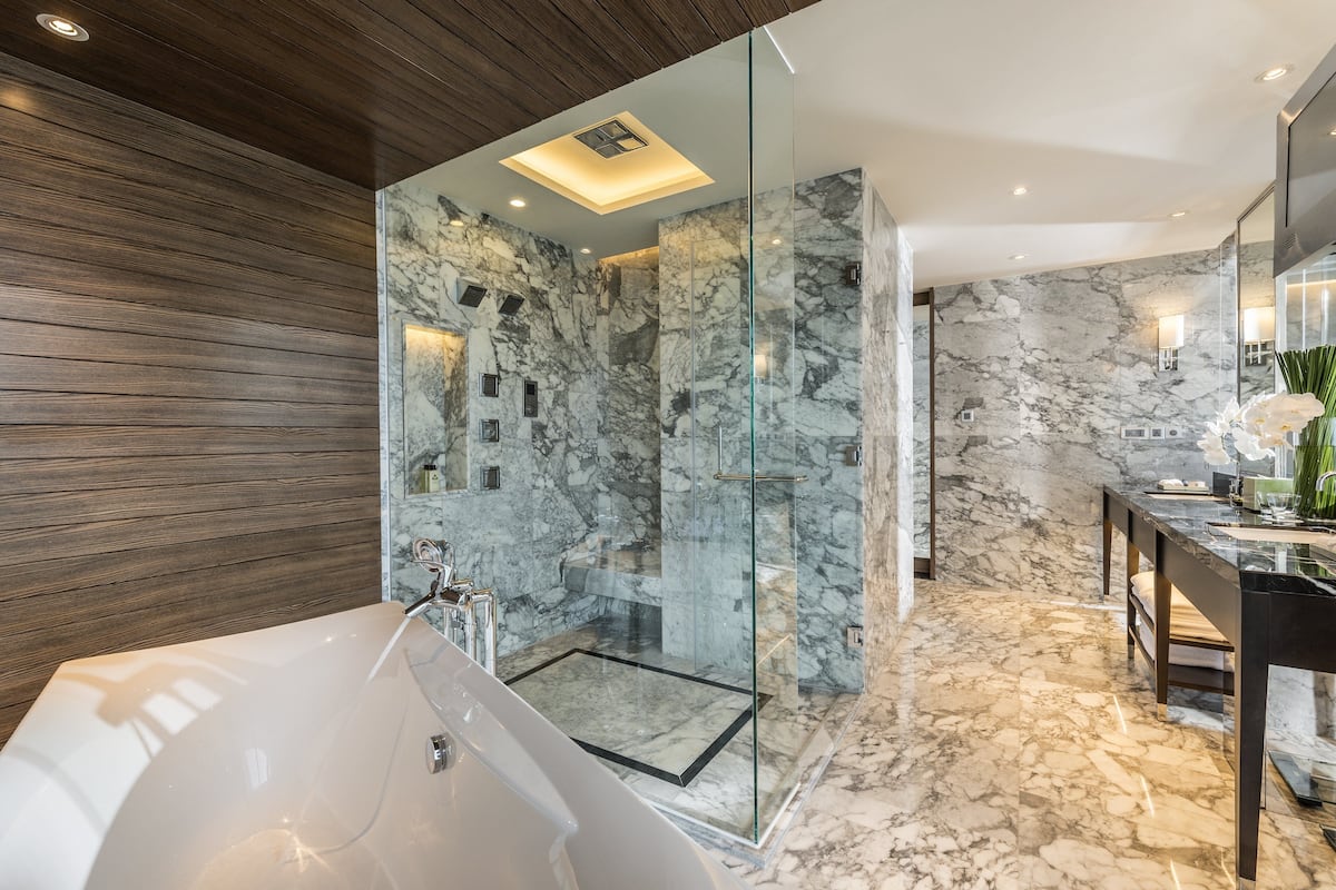 presidential suite | bathroom | separate bathtub and shower, spring water bathtub, rainfall showerhead