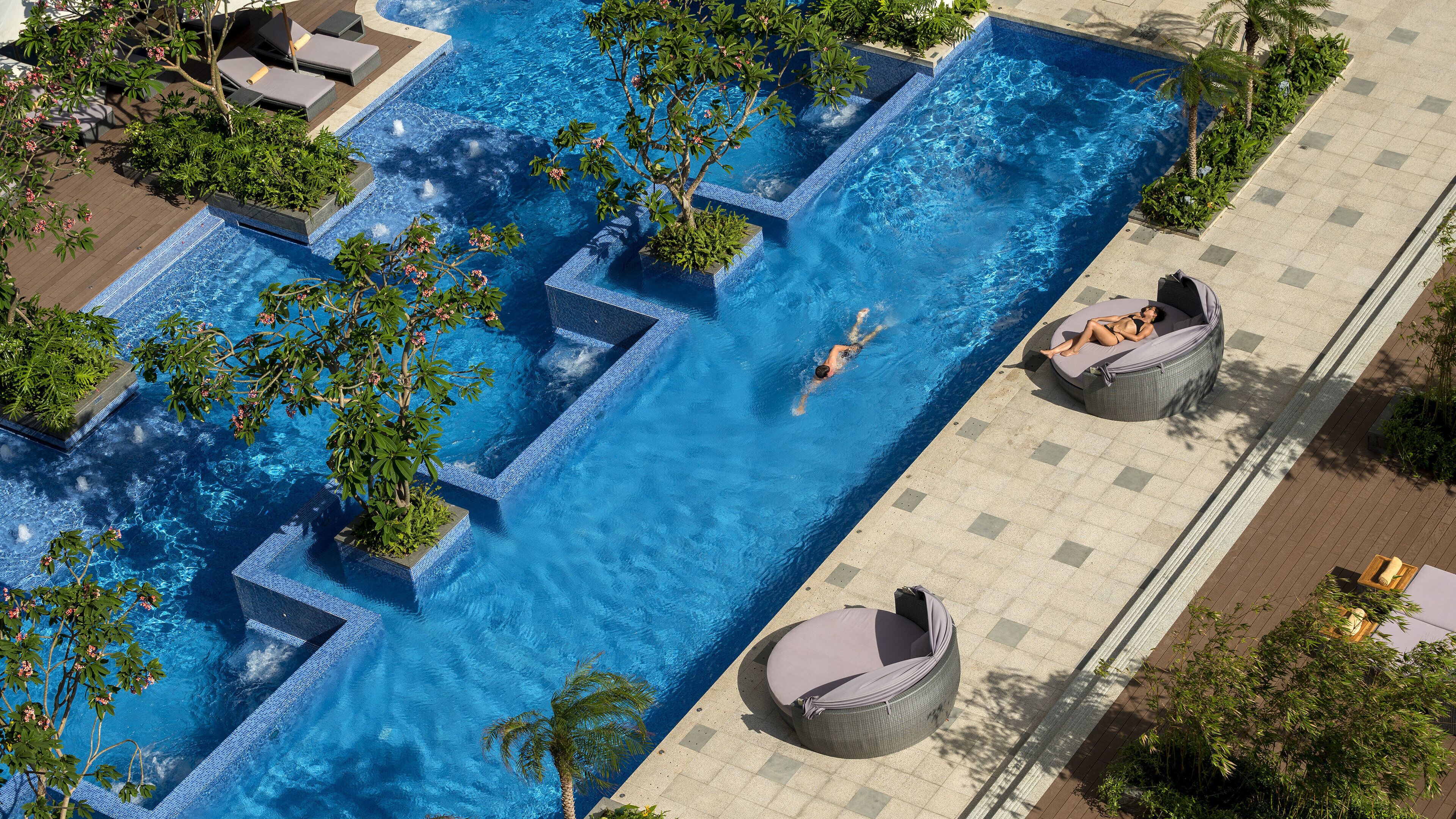 outdoor pool, pool loungers