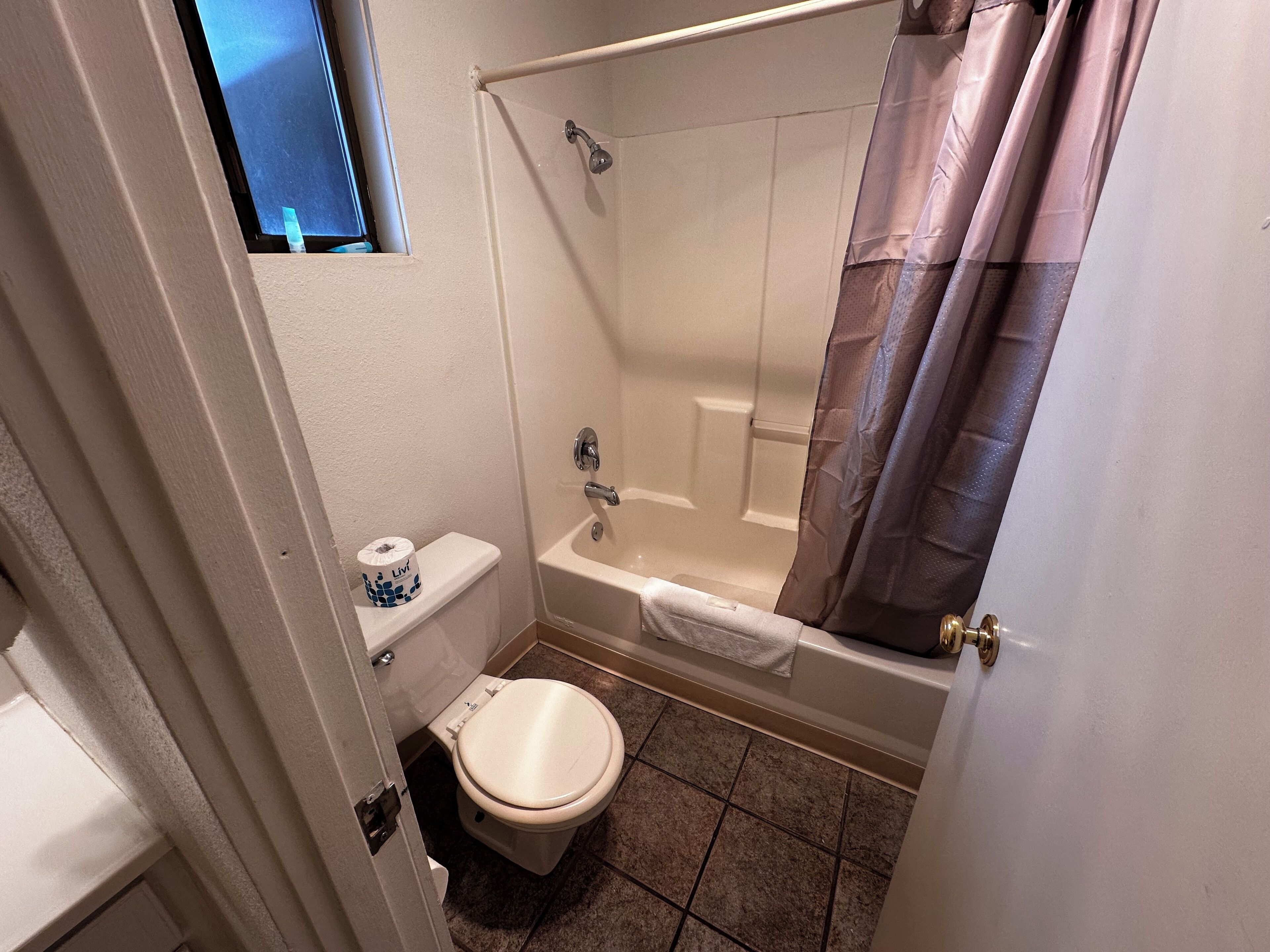 Een badkamer met een toilet, een badkuip en een douche.