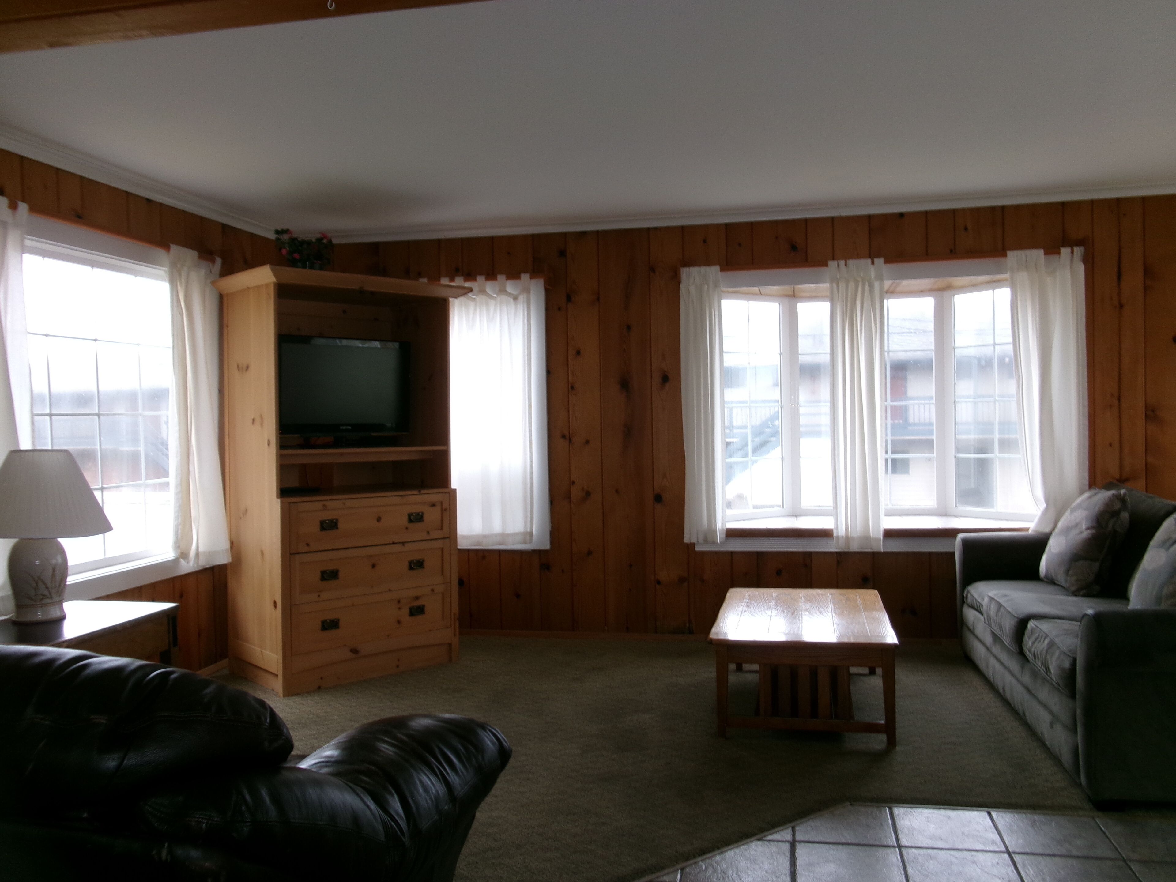 Un salon avec un mur lambrissé en bois, un téléviseur posé sur un meuble en bois, un canapé en cuir, une table basse en bois et deux fenêtres avec des rideaux.