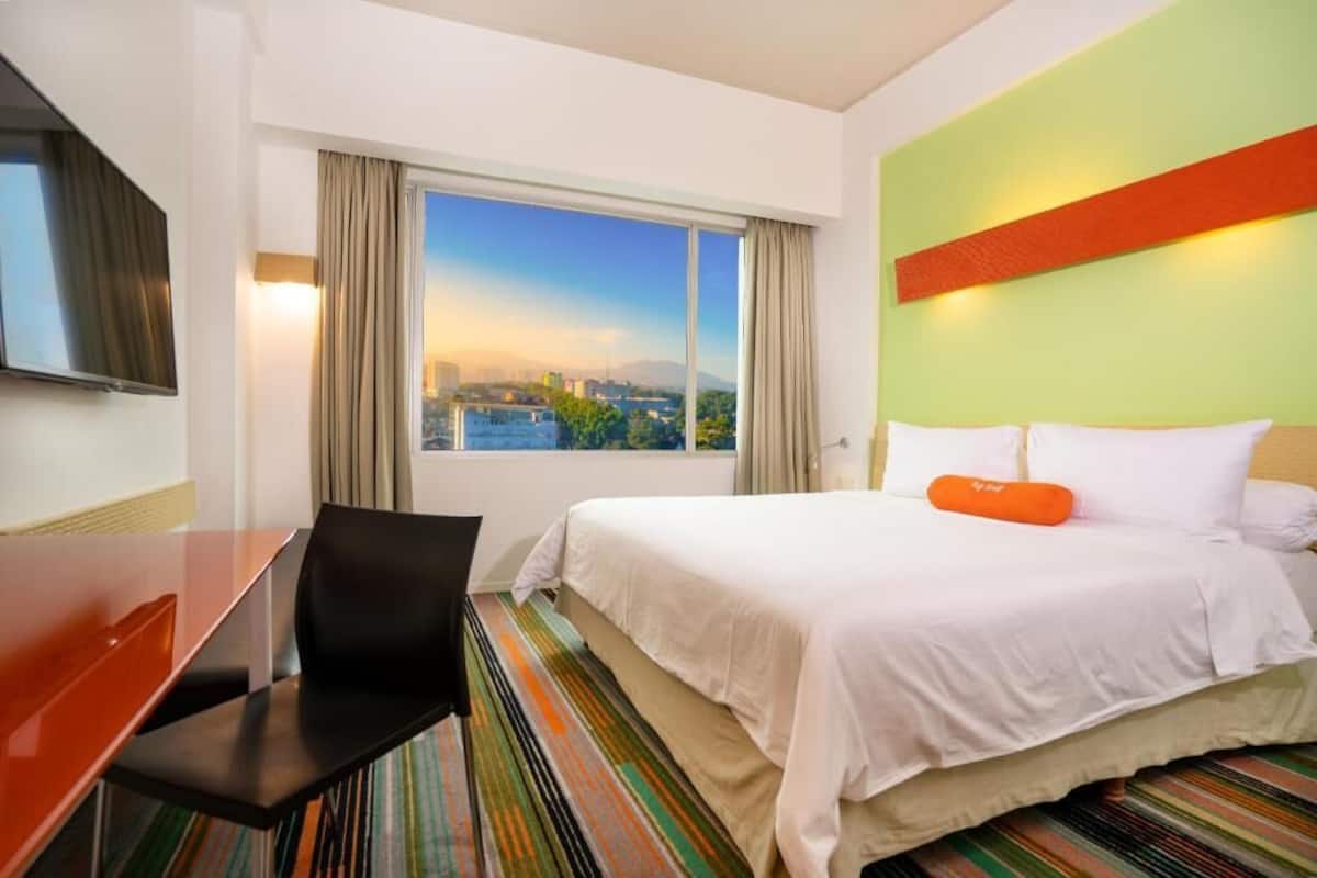 Habitación de hotel con cama, escritorio, silla, televisor y ventana con vista a la ciudad.